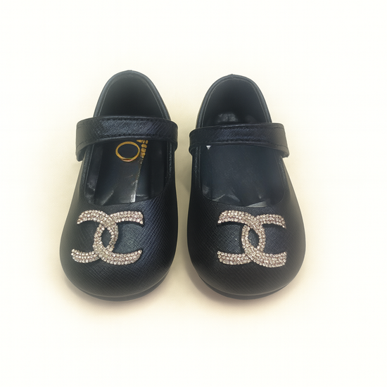 Smile Baby Girls Glitter Logo Ballerina Shoes – Soft Party Wear Flats with Velcro Strap (Gold, Pink & Black | 6 Months – 3 Years)