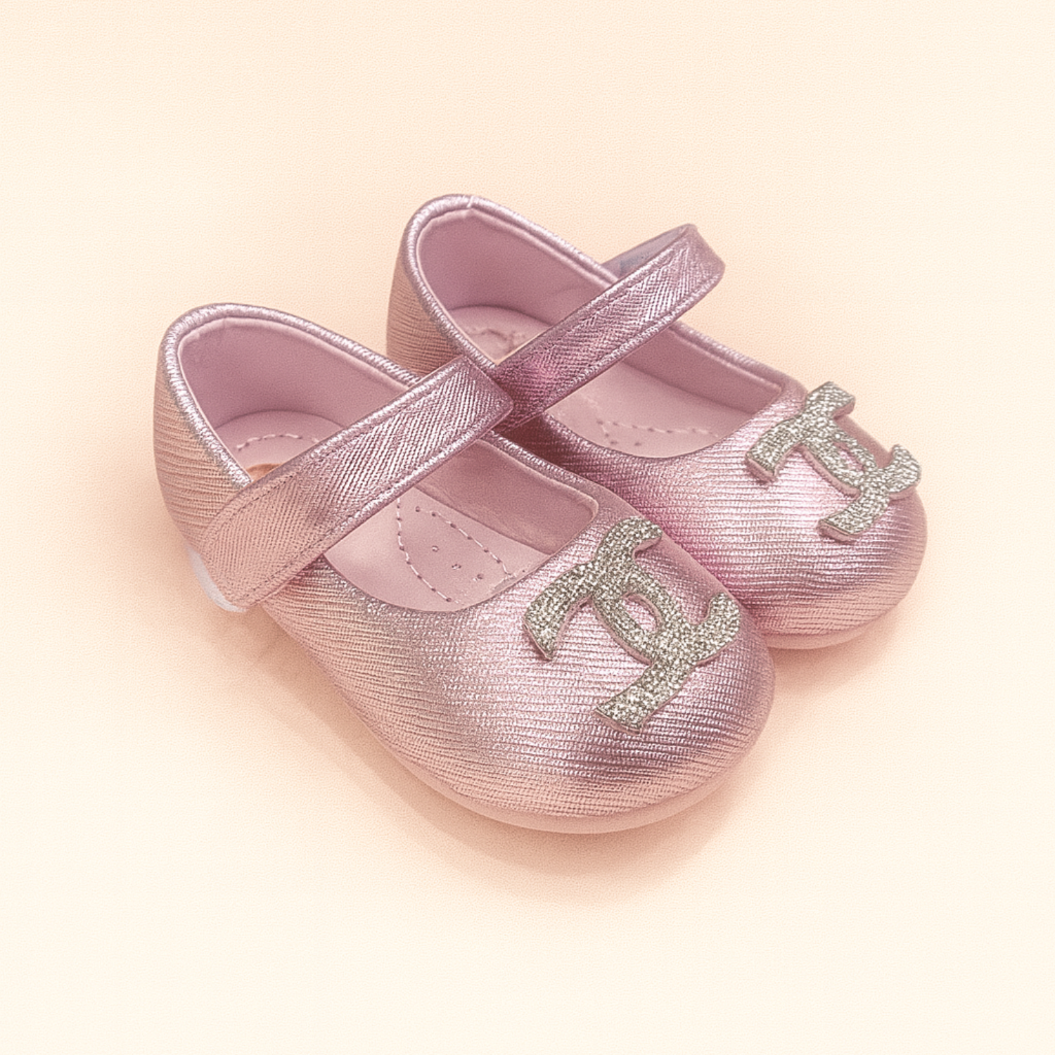 Smile Baby Girls Glitter Logo Ballerina Shoes – Soft Party Wear Flats with Velcro Strap (Gold, Pink & Black | 6 Months – 3 Years)