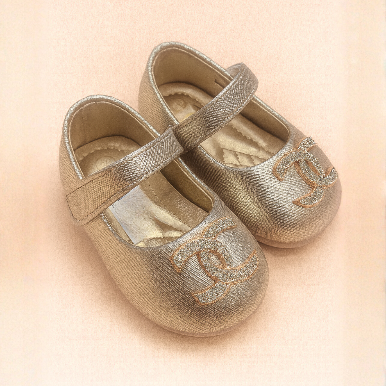 Smile Baby Girls Glitter Logo Ballerina Shoes – Soft Party Wear Flats with Velcro Strap (Gold, Pink & Black | 6 Months – 3 Years)