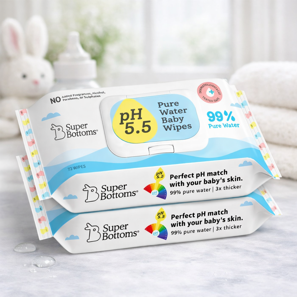 SuperBottoms pH 5.5 Pure Water Baby Wipes – 144 Pieces (Pack of 2), 99% Water, 3x Thicker