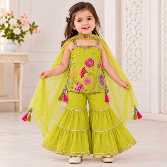 SMILE BABY green embroidered girls sharara set front view