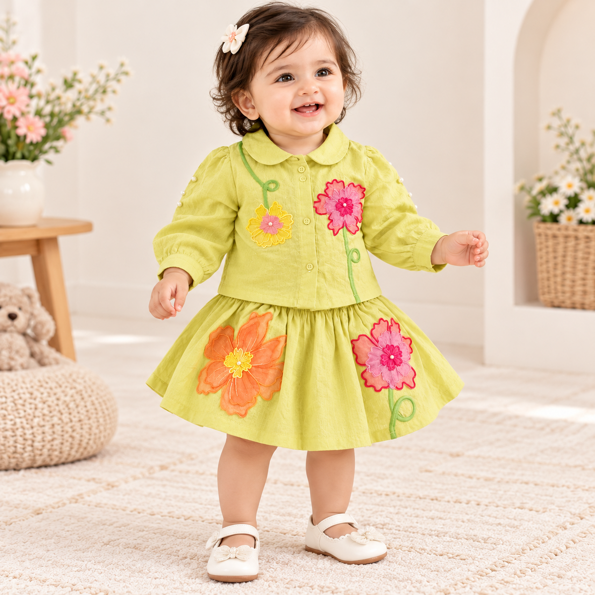 Smile Baby lime green floral girls skirt set front view
