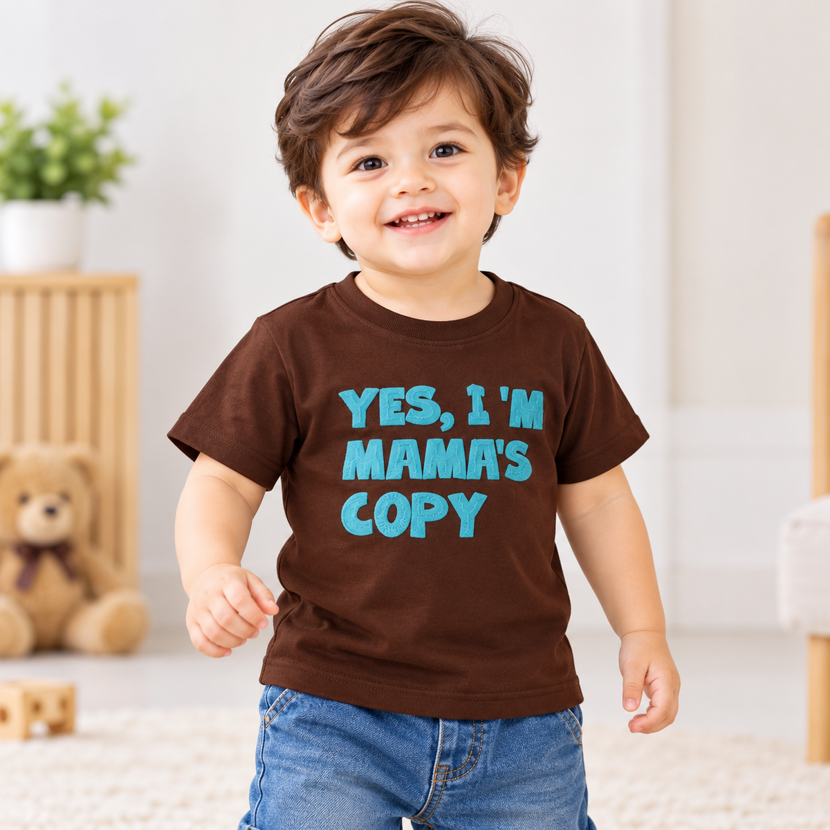 Smile Baby toddler brown Mama's Copy slogan T-shirt front view