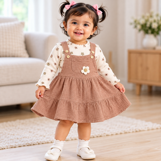 Front view of toddler in ORRIGANY mauve pinafore dress set