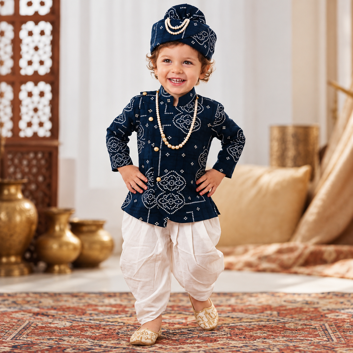 Front view of SMILE BABY navy blue Bandhani Indo-Western outfit