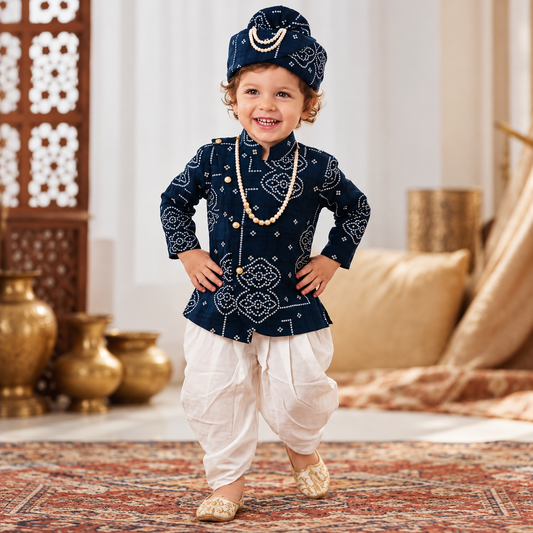 Front view of SMILE BABY navy blue Bandhani Indo-Western outfit