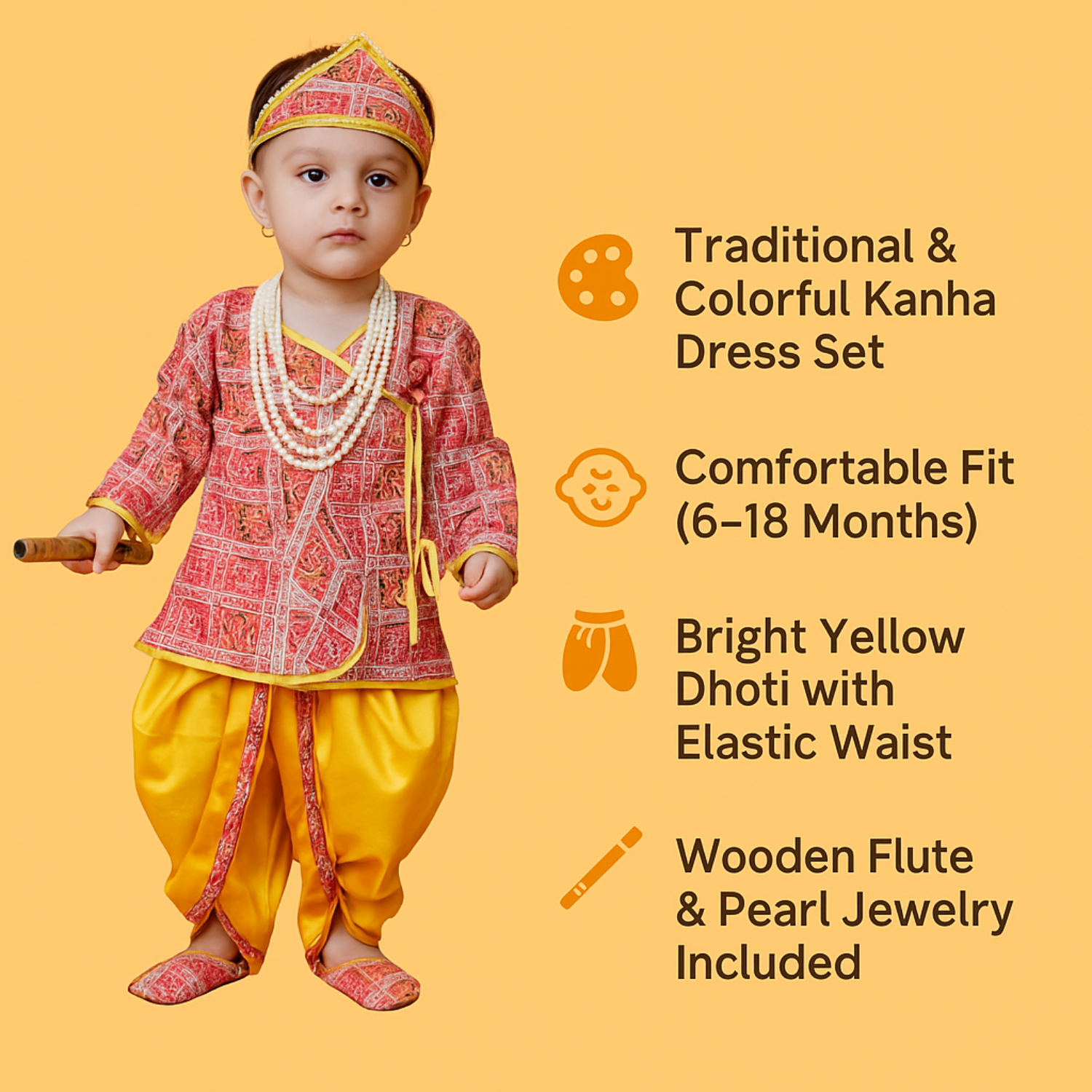 Smile Baby Krishna Dress Set – Red Kurta & Yellow Dhoti | 3–18 Months | Crown, Flute & Pearl Mala Included