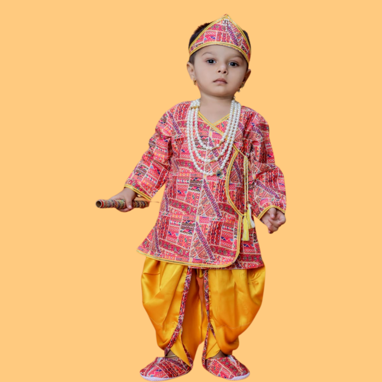 Smile Baby Krishna Dress Set – Red Kurta & Yellow Dhoti | 3–18 Months | Crown, Flute & Pearl Mala Included