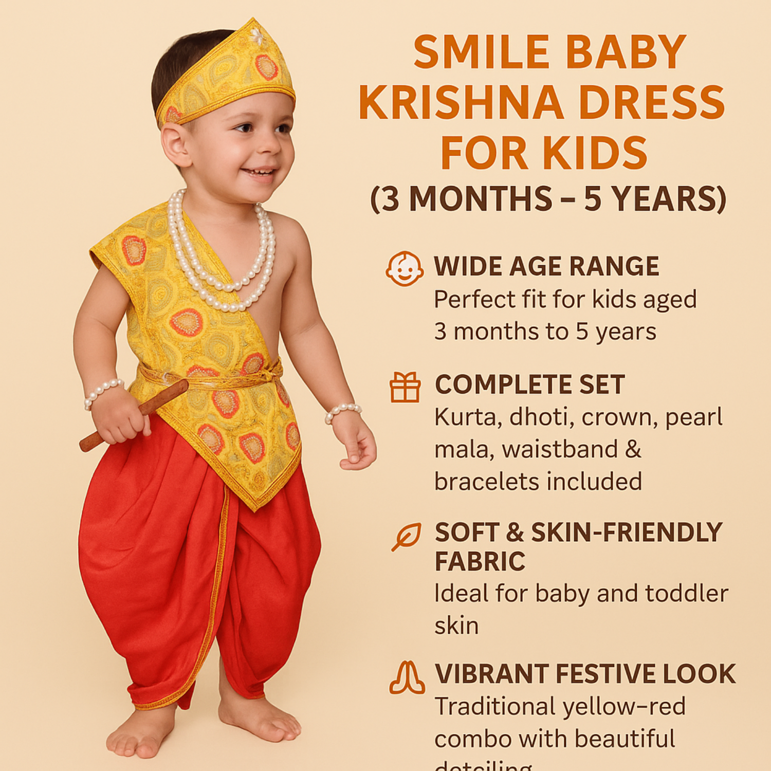 Smile Baby Krishna Dress for Kids (3 Months – 5 Years) – Traditional Yellow & Red Costume with Accessories for Janmashtami
