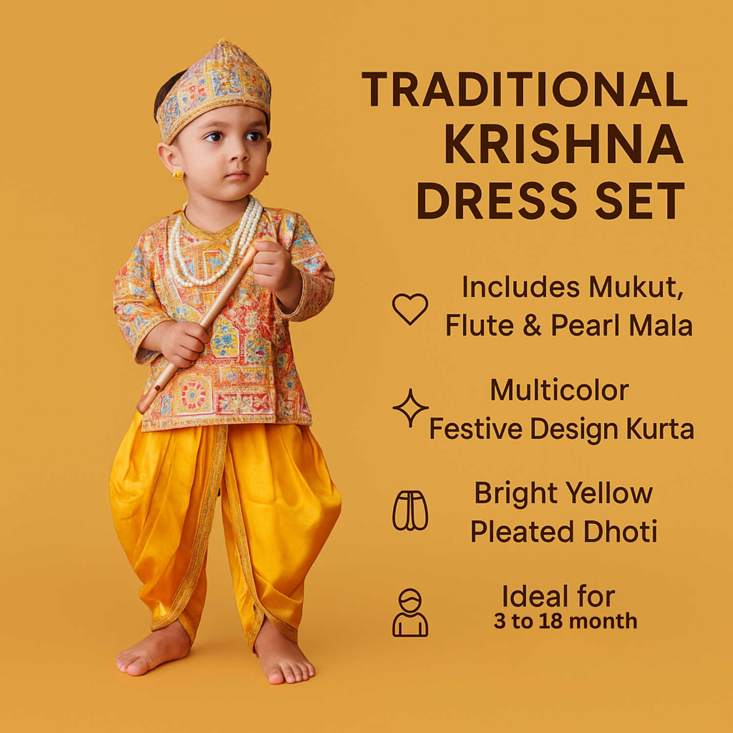 Smile Baby Krishna Dress Set for Infants – Traditional Kanha Ji Costume | 3 to 18 Months