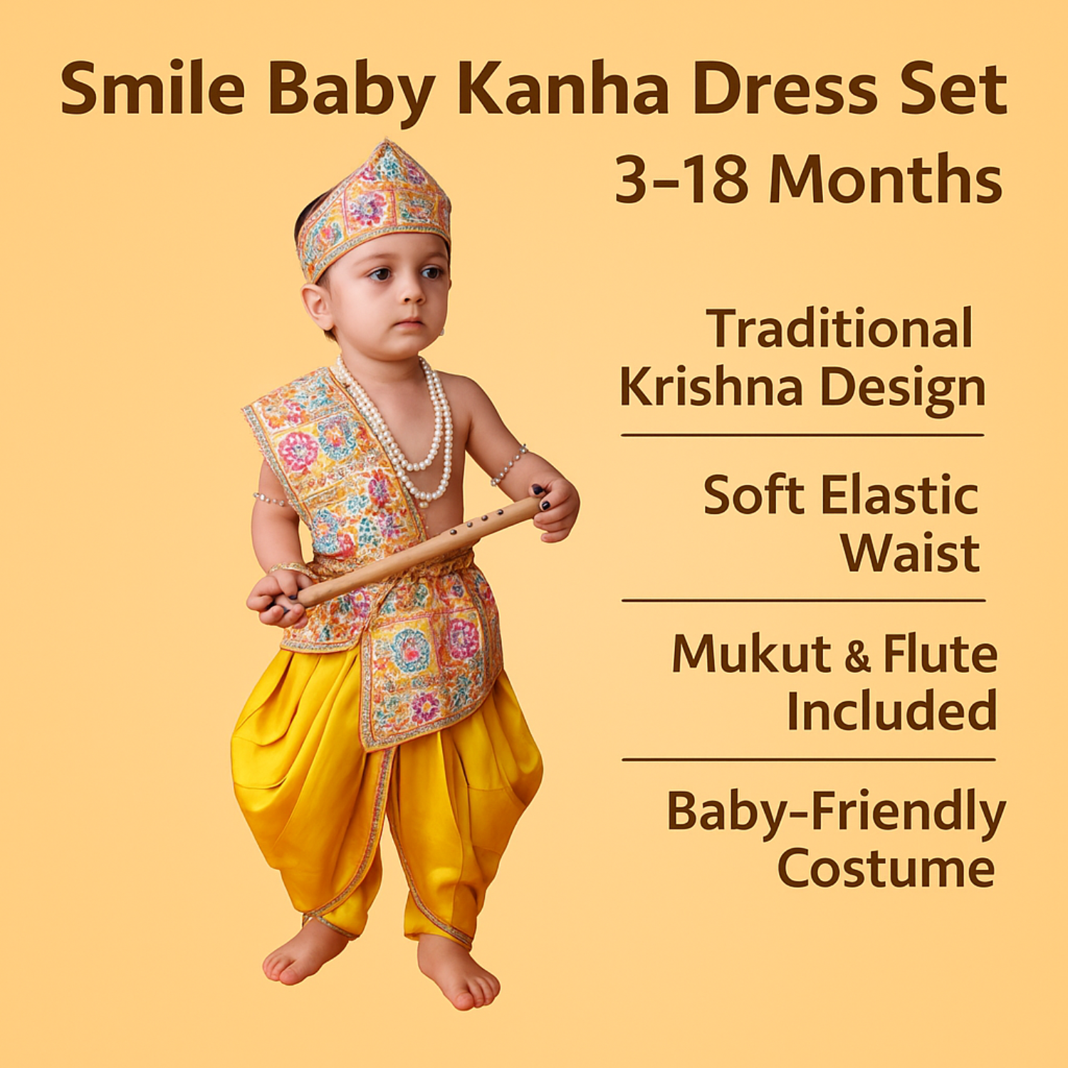 Smile Baby Kanha Dress Set for Babies – Traditional Krishna Costume | 3–18 Months | Dhoti, Vest, Crown & Flute