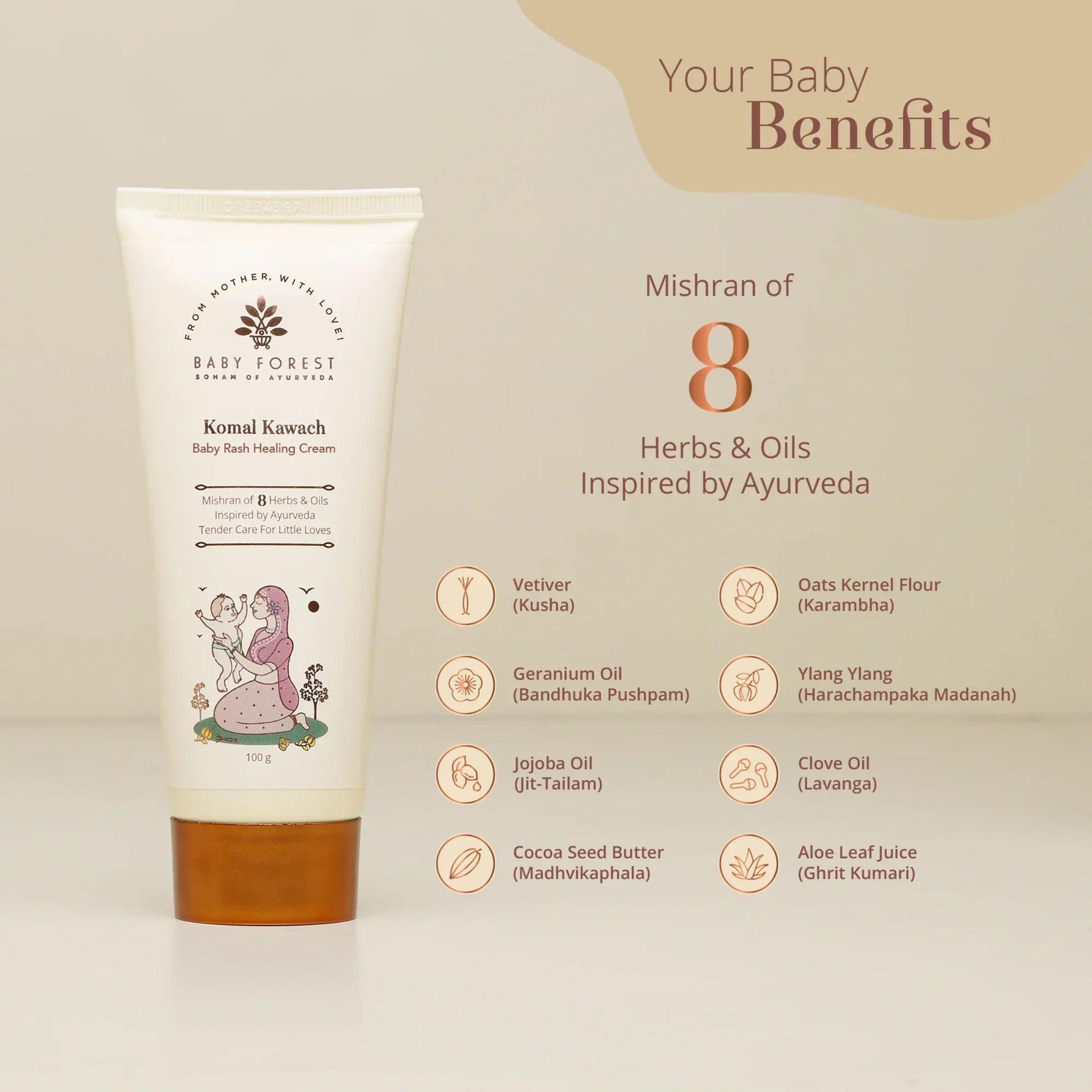 BABY FOREST Komal Kawach Baby Rash Healing Cream | Ayurvedic Diaper Rash Care with 8 Herbs & Oils | 100 g