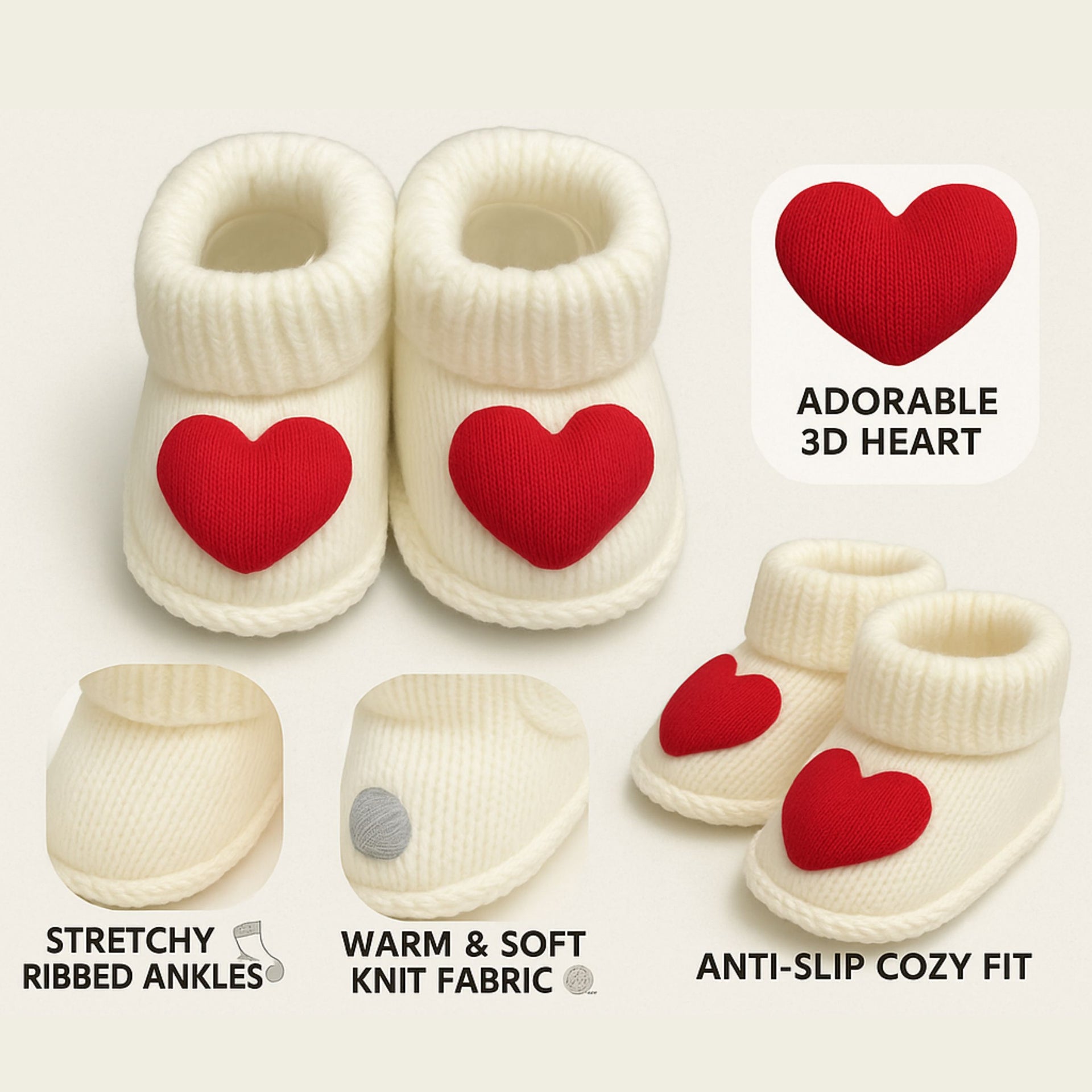 Smile Baby Winter Knitted Booties for Infants – Soft Woolen Baby Shoes with 3D Heart & Animal Face Designs | Newborn to 12 Months | Unisex | Anti-Slip & Cozy Fit