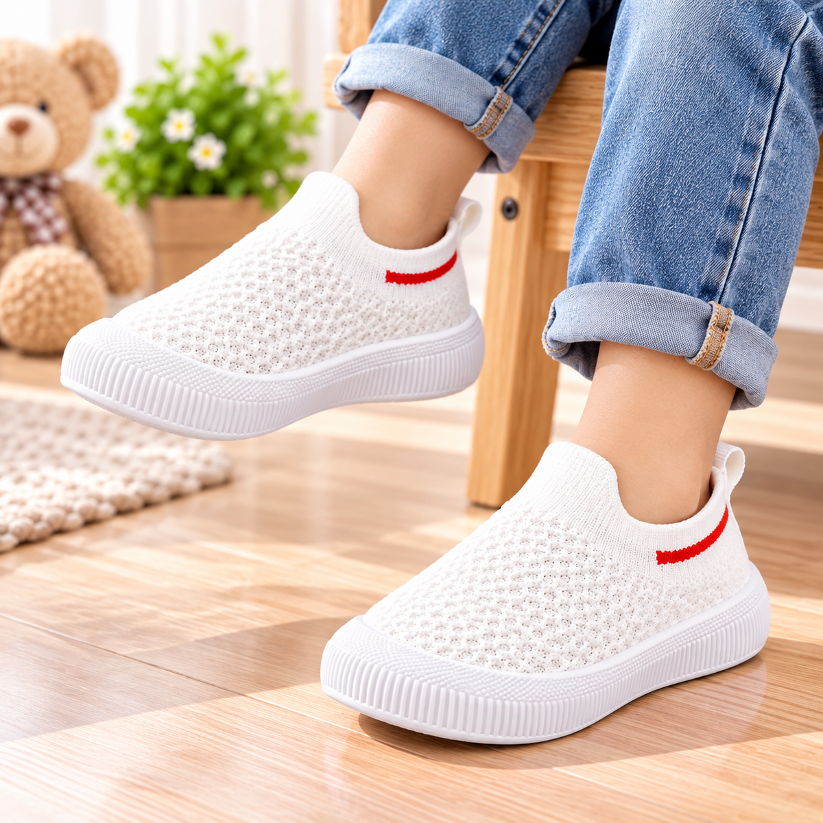 SMILE BABY white knit sneakers for kids - kids lifestyle view
