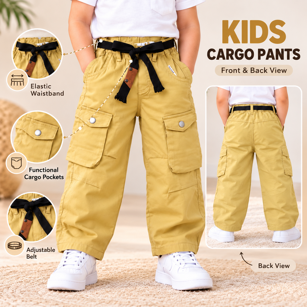 Kids cargo pants infographic showing front and back views, elastic waistband, cargo pockets and belt