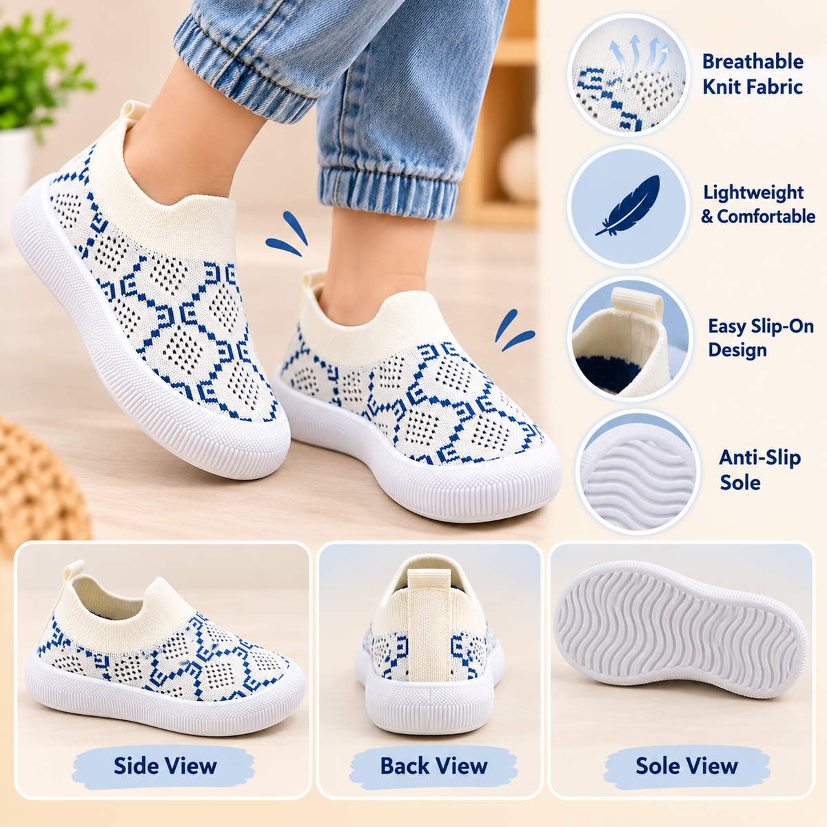 SMILE BABY kids beige knit sneakers feature guide