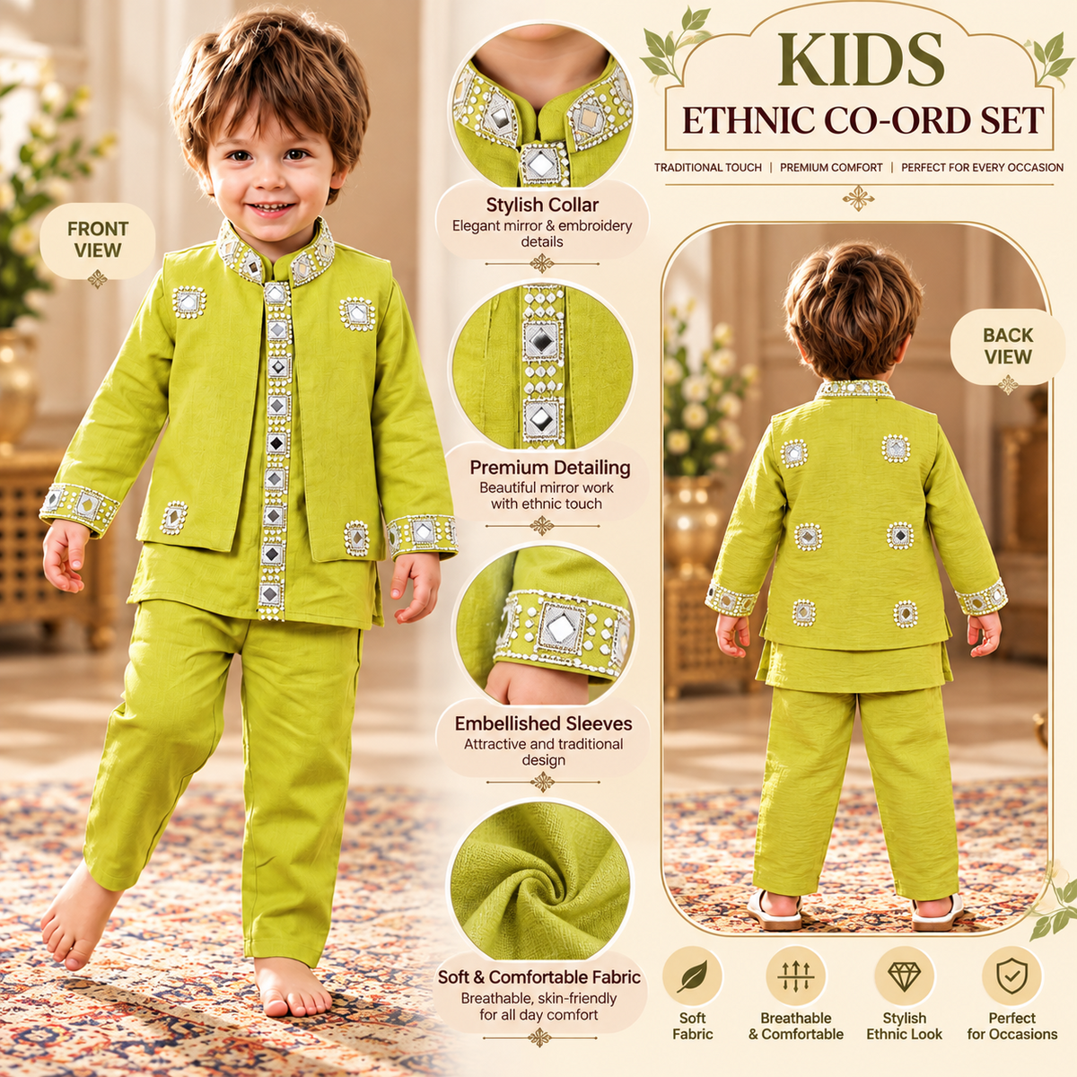 SMILE BABY boys pista green Indo Western set product infographic