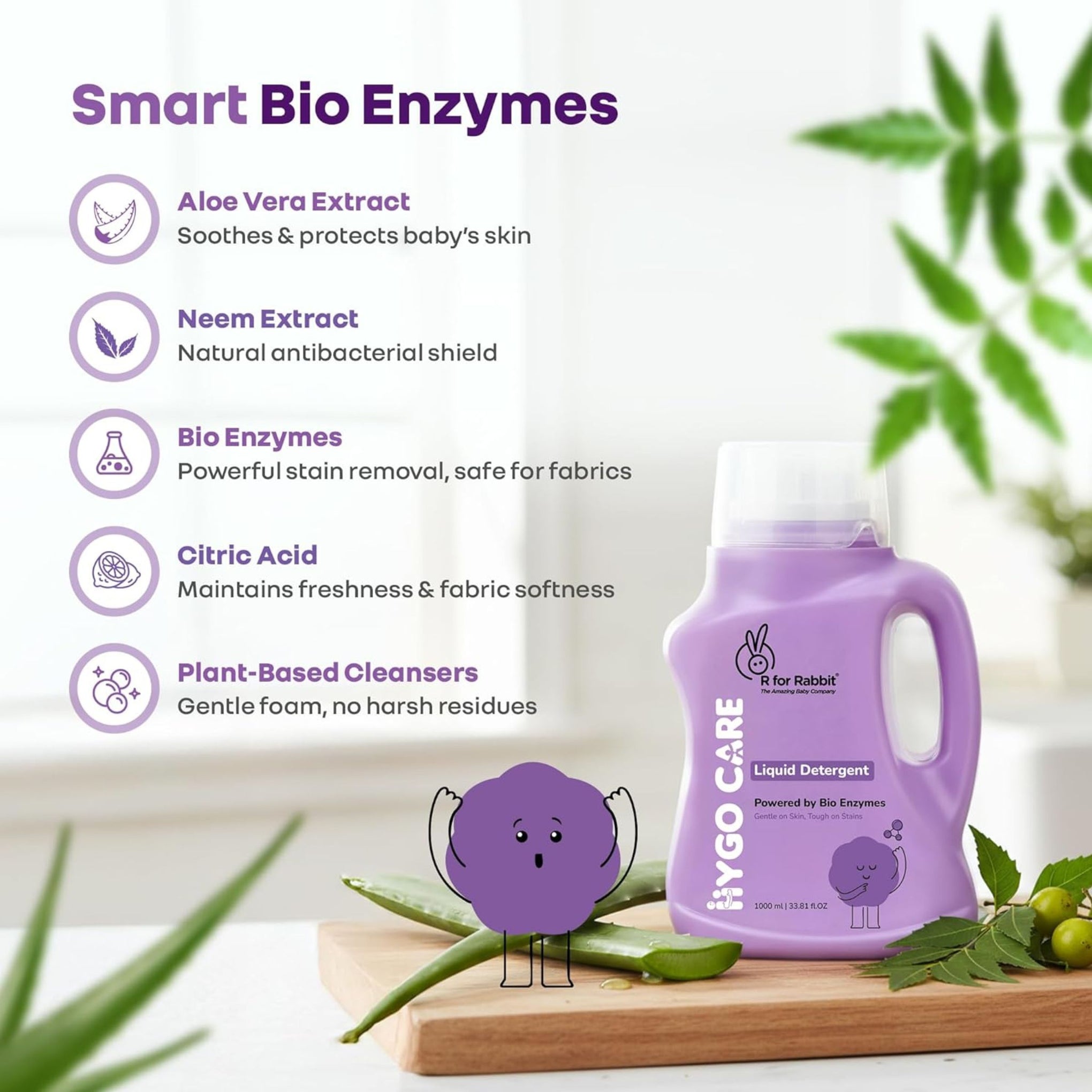 R for Rabbit Hygo Care Baby Liquid Detergent | Powered by Bio Enzymes | Tough on Stains, Gentle on Skin | No Phosphates, Parabens or Bleach | For Baby Laundry | 1000 ml