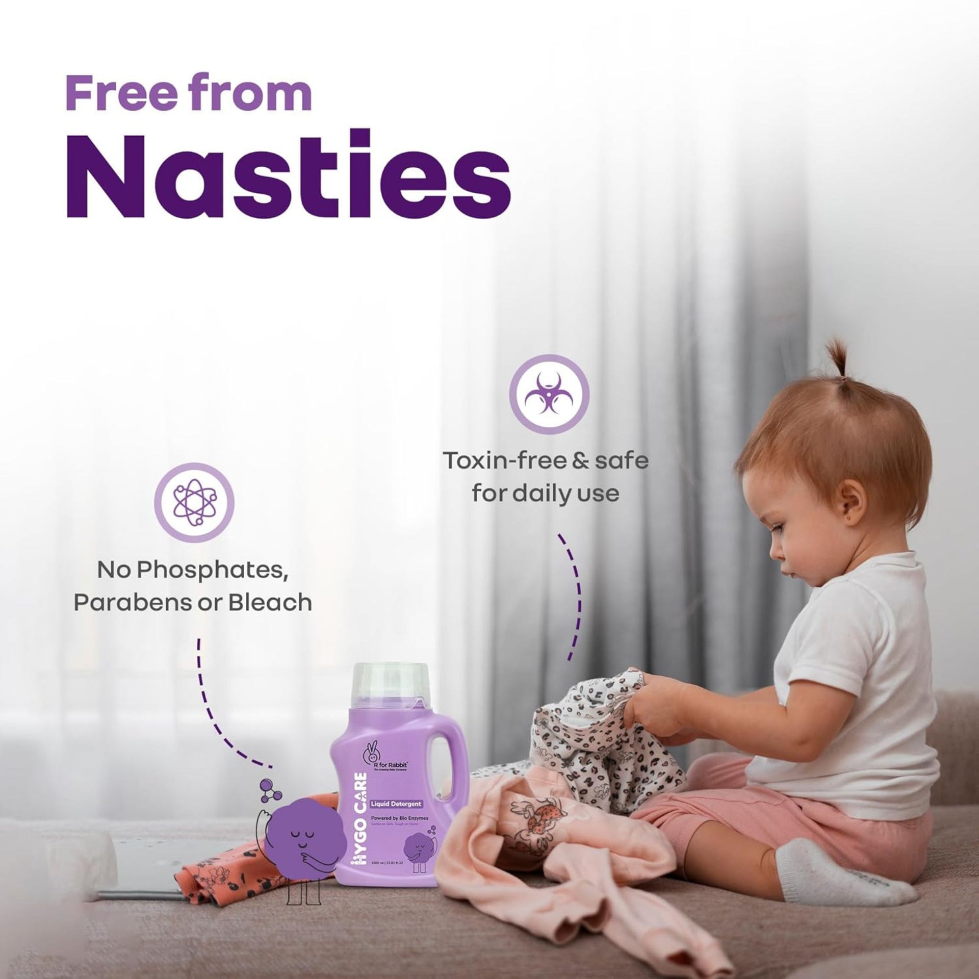 R for Rabbit Hygo Care Baby Liquid Detergent | Powered by Bio Enzymes | Tough on Stains, Gentle on Skin | No Phosphates, Parabens or Bleach | For Baby Laundry | 1000 ml