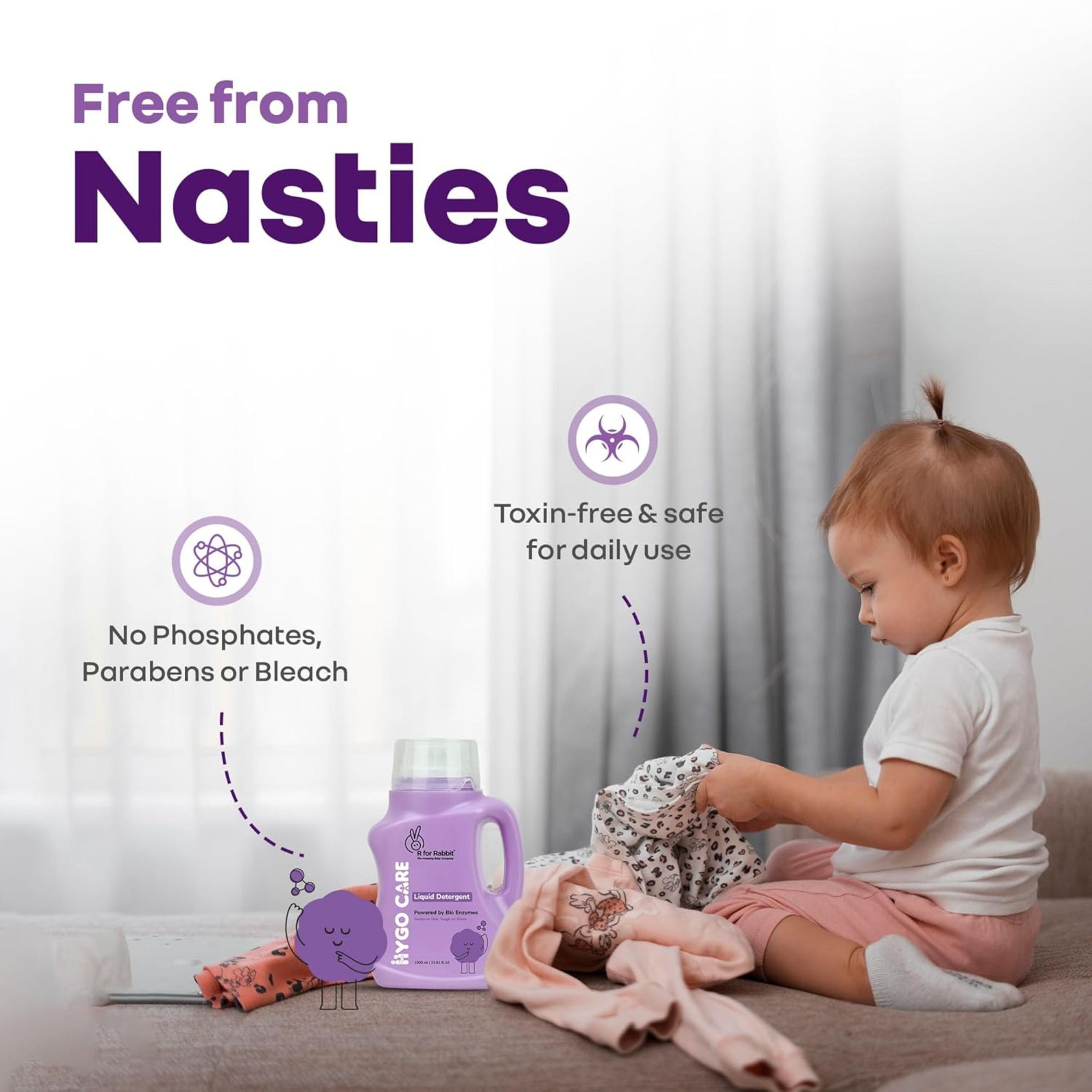 R for Rabbit Hygo Care Baby Liquid Detergent | Powered by Bio Enzymes | Tough on Stains, Gentle on Skin | No Phosphates, Parabens or Bleach | For Baby Laundry | 1000 ml