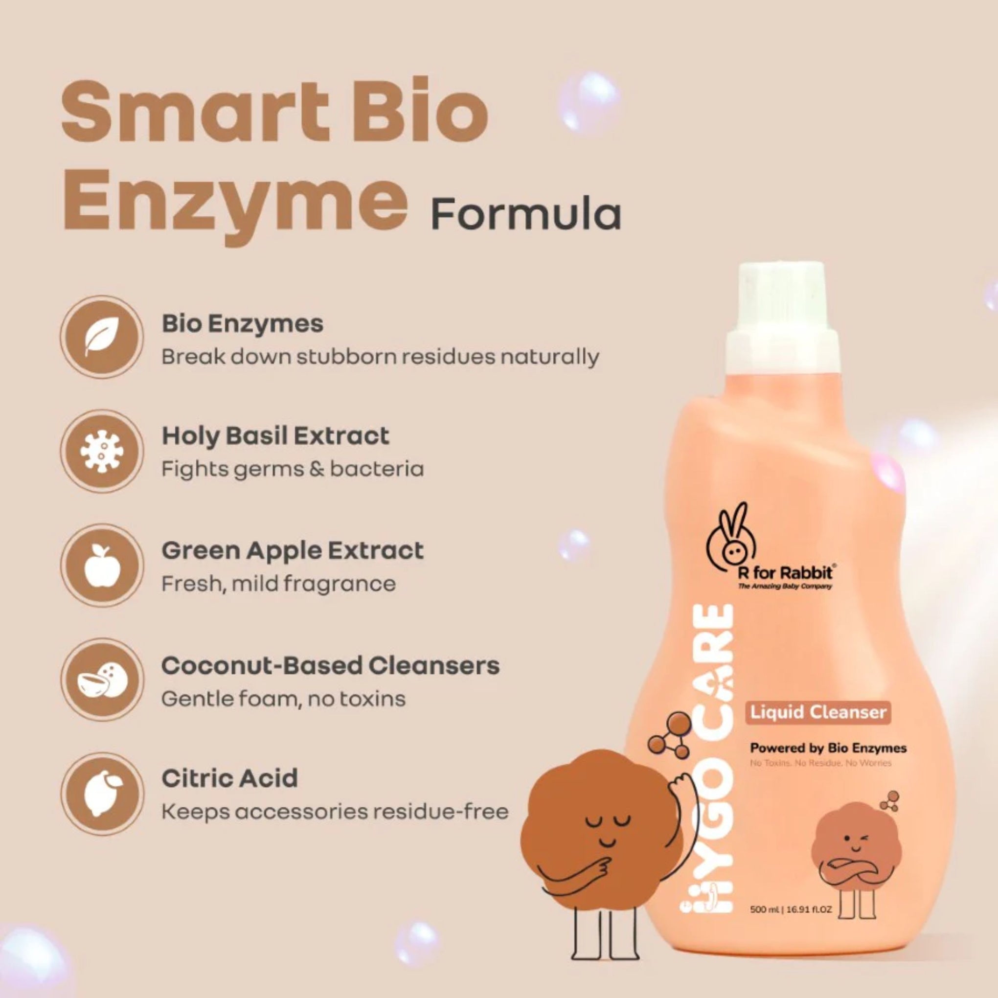 R for Rabbit Hygo Care Bio Enzyme Liquid Cleanser – 500 ml | Baby Bottle, Toy & Accessory Cleaner | Gentle, No Toxins