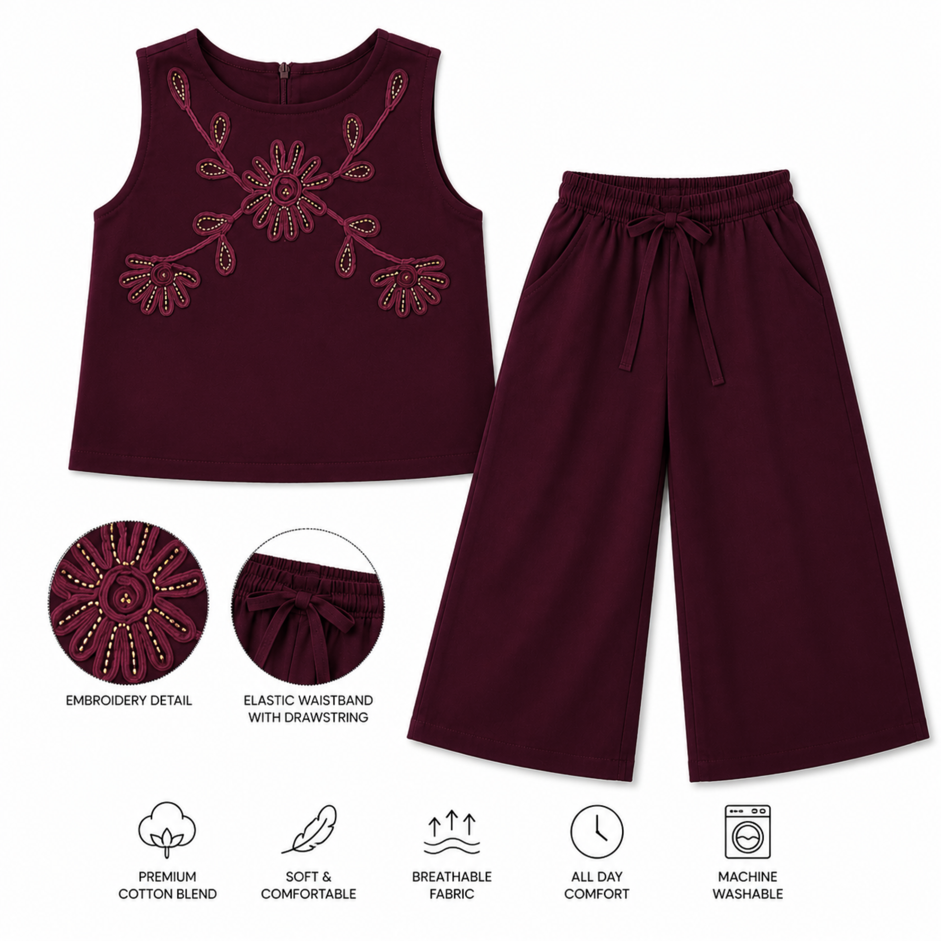 SMILE BABY Girls Embroidered Co-ord Set | Cotton Blend Sleeveless Top with Wide Leg Palazzo Pants | Party Wear Ethnic Outfit | Sizes 26-38 (Age 5-14 Years) | Available in 4 Colours