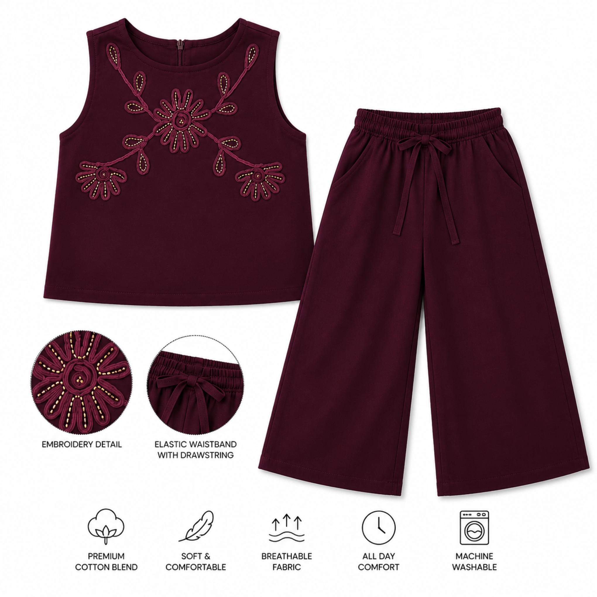 SMILE BABY Girls Embroidered Co-ord Set | Cotton Blend Sleeveless Top with Wide Leg Palazzo Pants | Party Wear Ethnic Outfit | Sizes 26-38 (Age 5-14 Years) | Available in 4 Colours