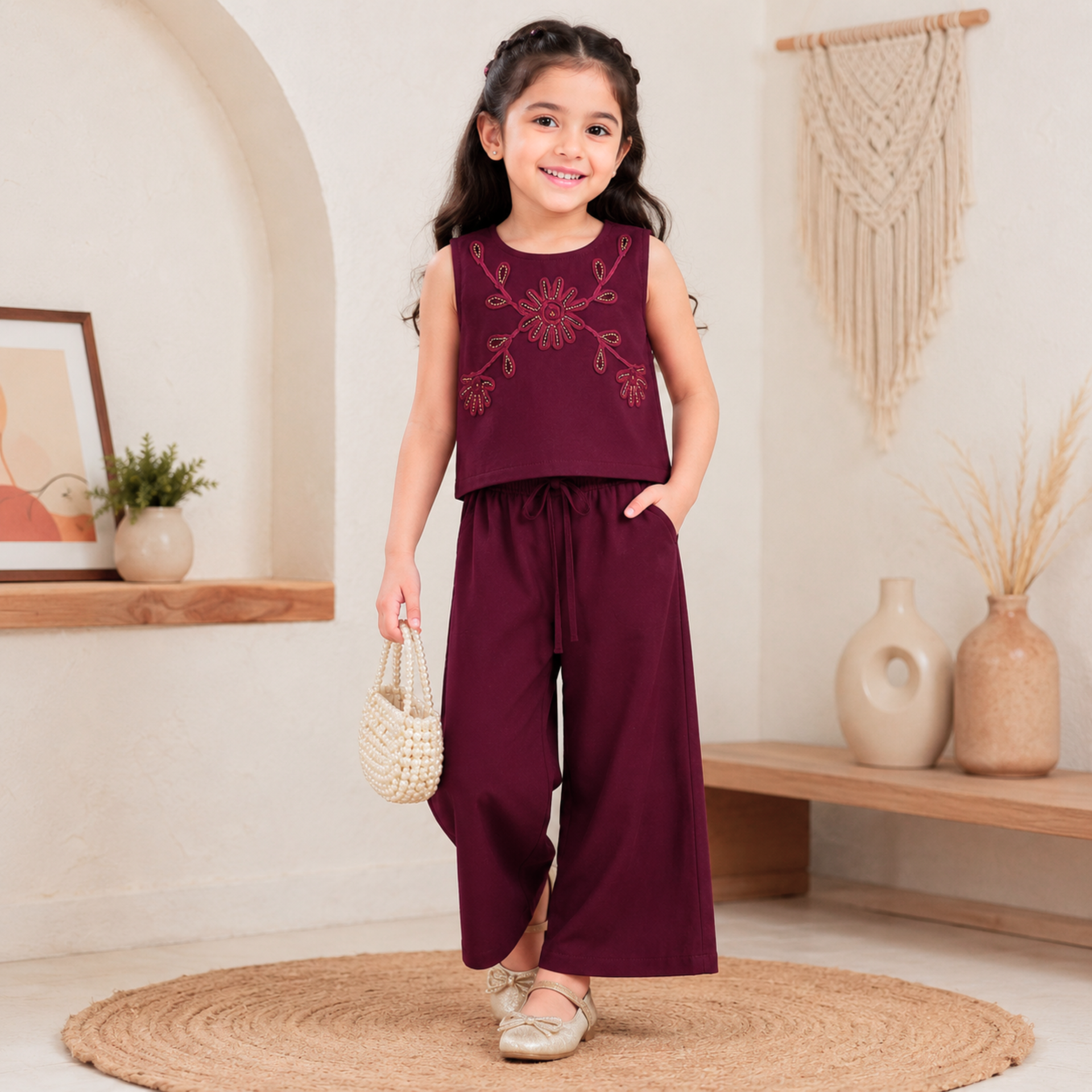 SMILE BABY Girls Embroidered Co-ord Set | Cotton Blend Sleeveless Top with Wide Leg Palazzo Pants | Party Wear Ethnic Outfit | Sizes 26-38 (Age 5-14 Years) | Available in 4 Colours