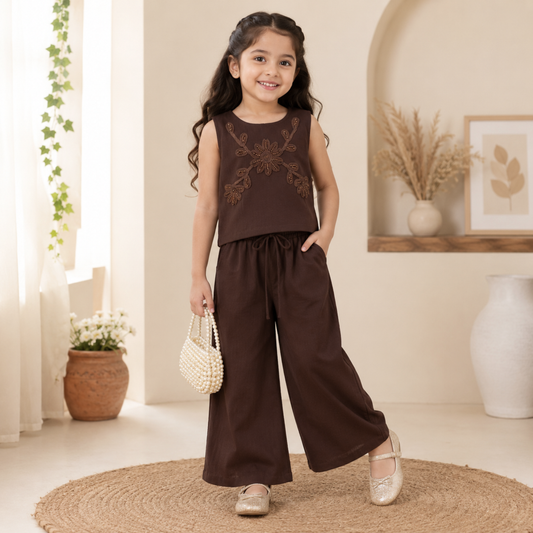 SMILE BABY Girls Embroidered Co-ord Set | Cotton Blend Sleeveless Top with Wide Leg Palazzo Pants | Party Wear Ethnic Outfit | Sizes 26-38 (Age 5-14 Years) | Available in 4 Colours
