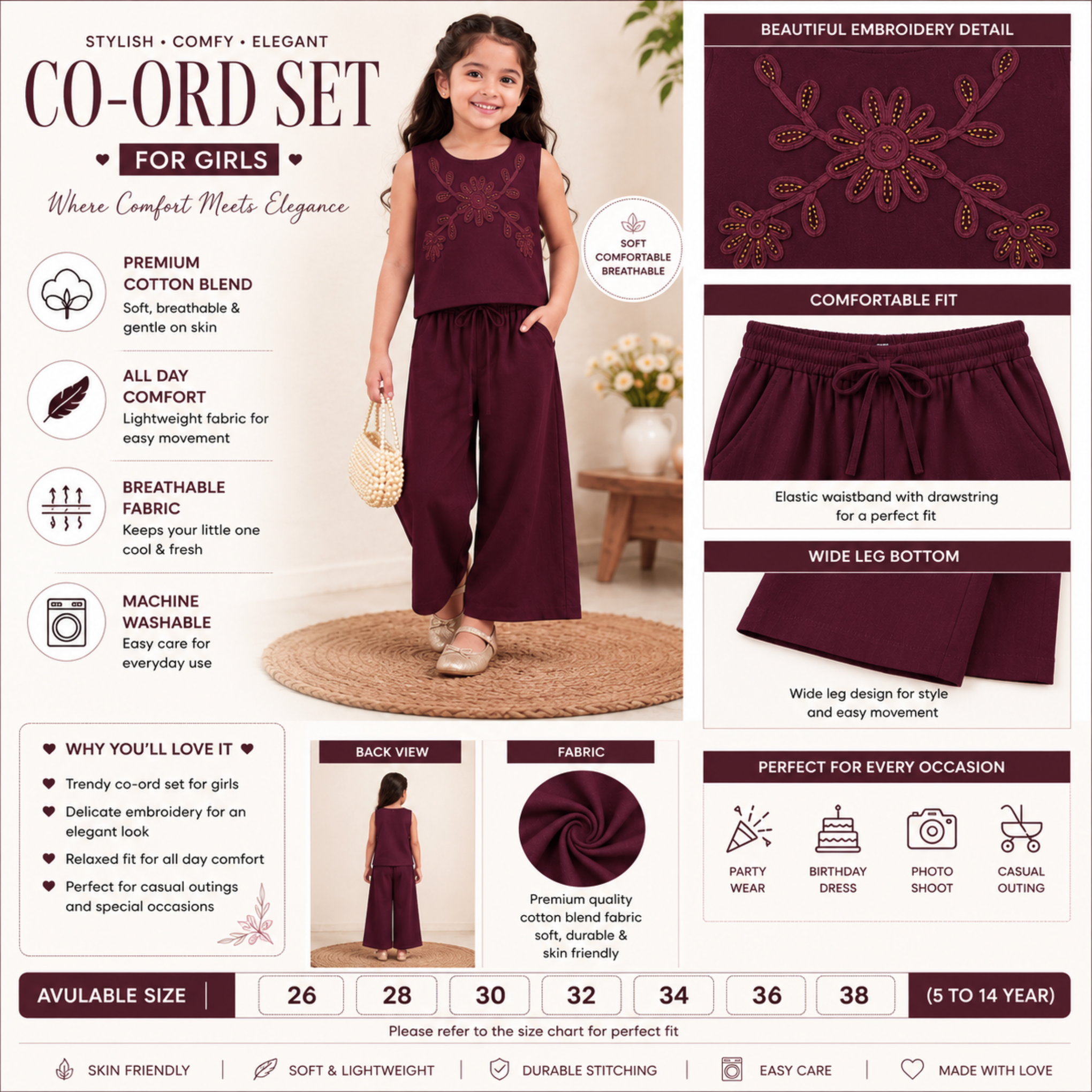 SMILE BABY Girls Embroidered Co-ord Set | Cotton Blend Sleeveless Top with Wide Leg Palazzo Pants | Party Wear Ethnic Outfit | Sizes 26-38 (Age 5-14 Years) | Available in 4 Colours
