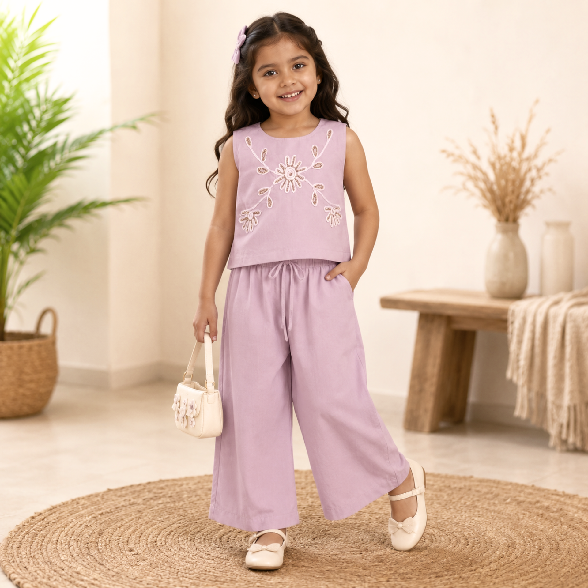 SMILE BABY Girls Embroidered Co-ord Set | Cotton Blend Sleeveless Top with Wide Leg Palazzo Pants | Party Wear Ethnic Outfit | Sizes 26-38 (Age 5-14 Years) | Available in 4 Colours
