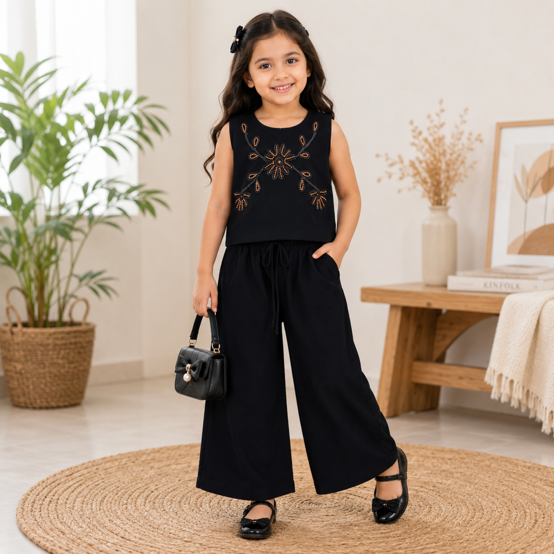 SMILE BABY Girls Embroidered Co-ord Set | Cotton Blend Sleeveless Top with Wide Leg Palazzo Pants | Party Wear Ethnic Outfit | Sizes 26-38 (Age 5-14 Years) | Available in 4 Colours