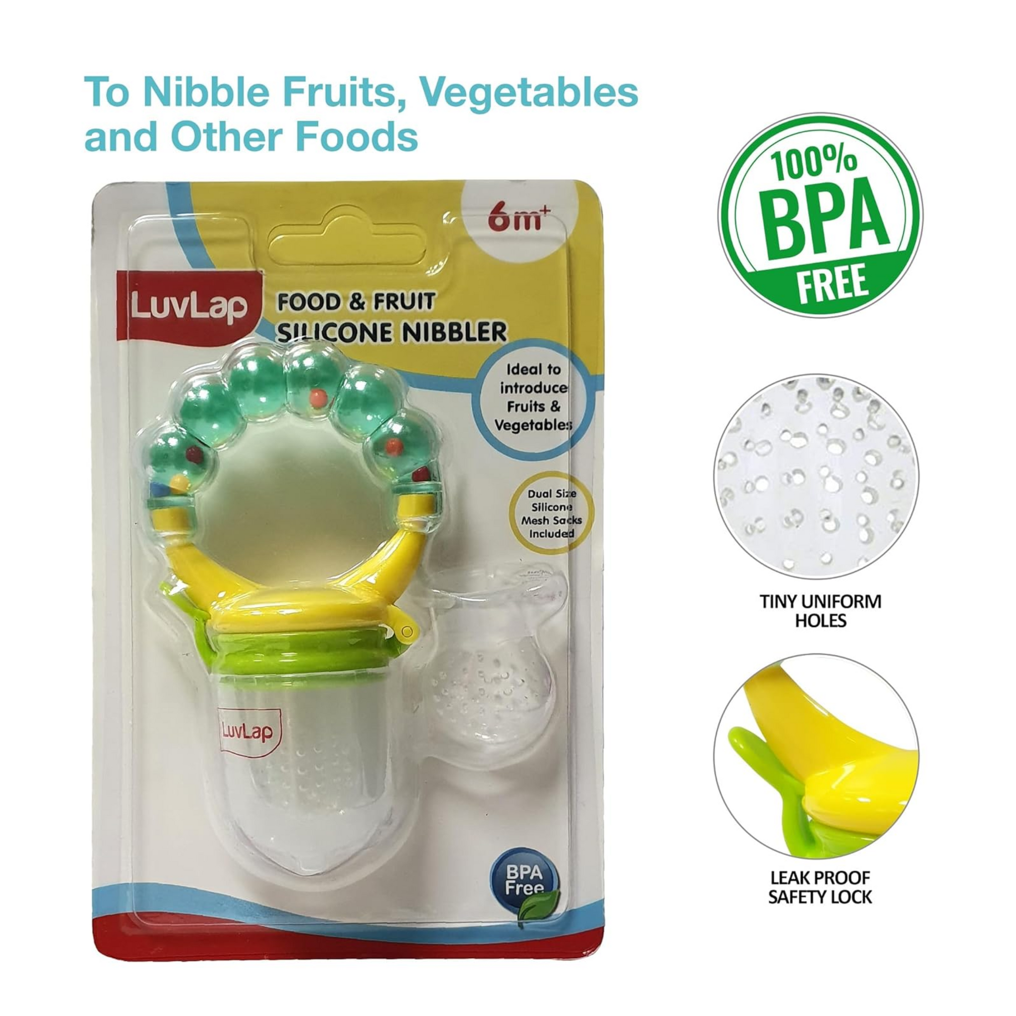 LuvLap Silicone Food/Fruit Nibbler with Extra Mesh, Soft Pacifier/Feeder, Teether for Infant Baby, Infant, Pearly Green, BPA Free