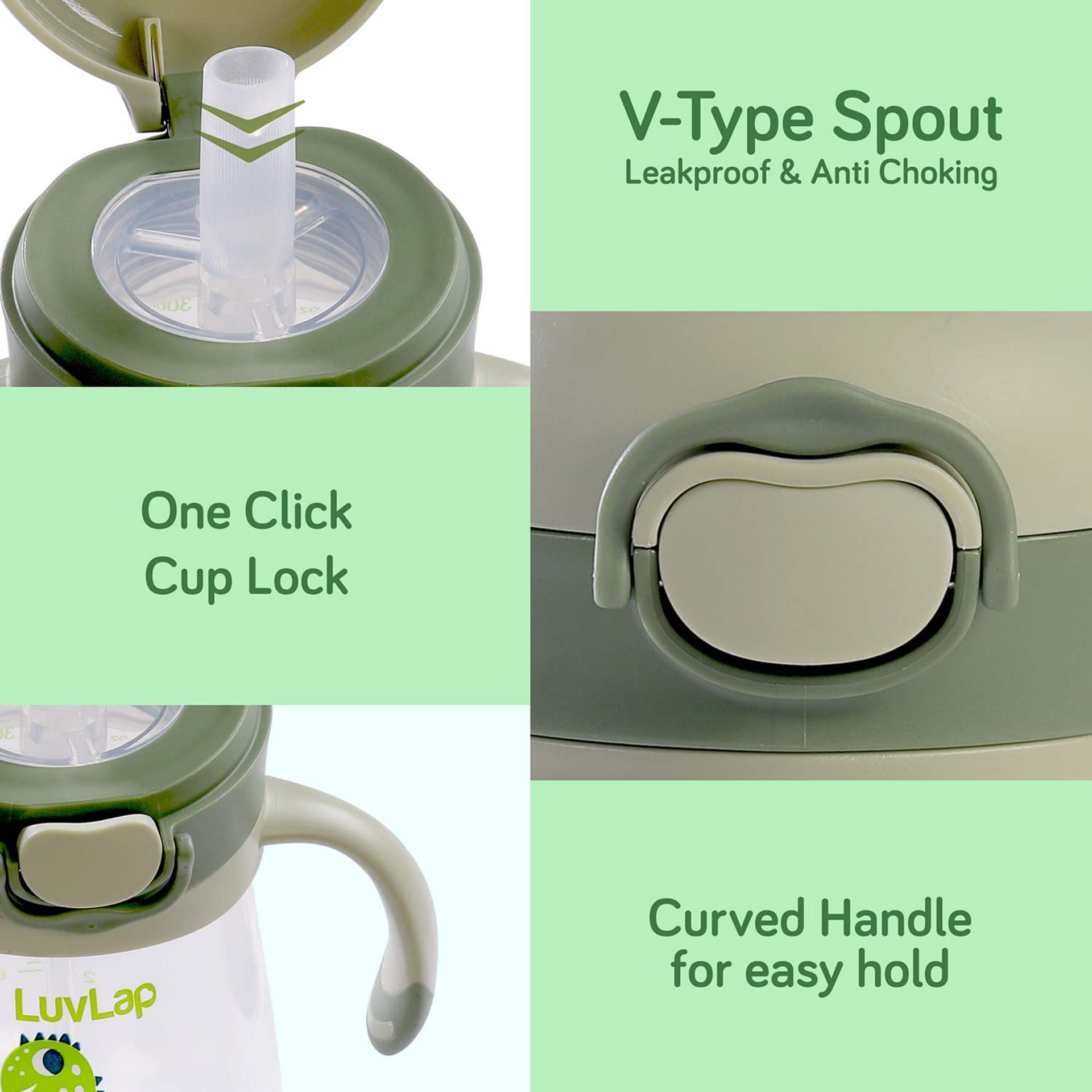 LuvLap Baby Bite Resistant Soft Silicone Straw Sipper Cup with Handle, with Weighted Straw, Sippy Cup with Anti Spill Lock, BPA Free, 6m+, 300 ml, Green