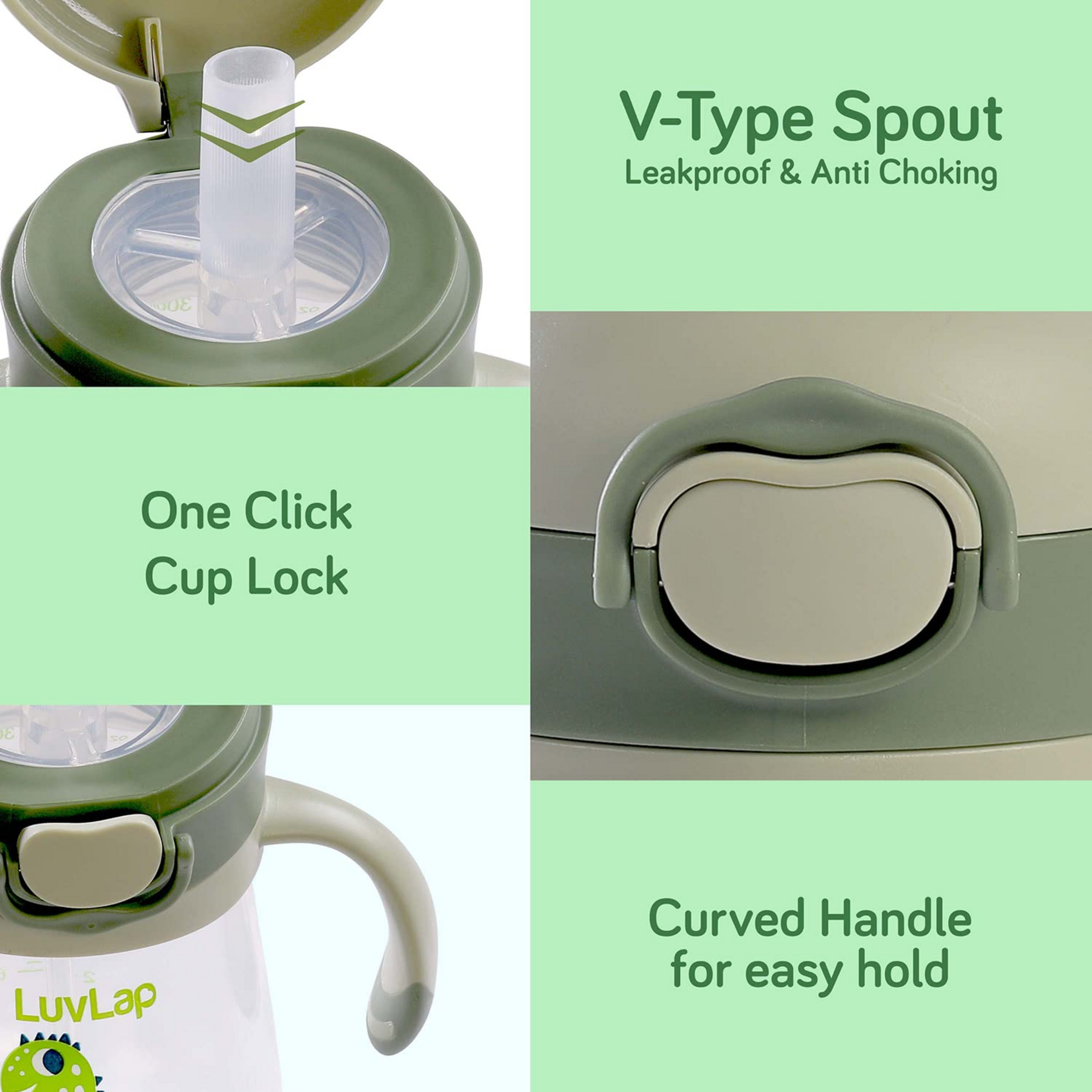 LuvLap Baby Bite Resistant Soft Silicone Straw Sipper Cup with Handle, with Weighted Straw, Sippy Cup with Anti Spill Lock, BPA Free, 6m+, 300 ml, Green