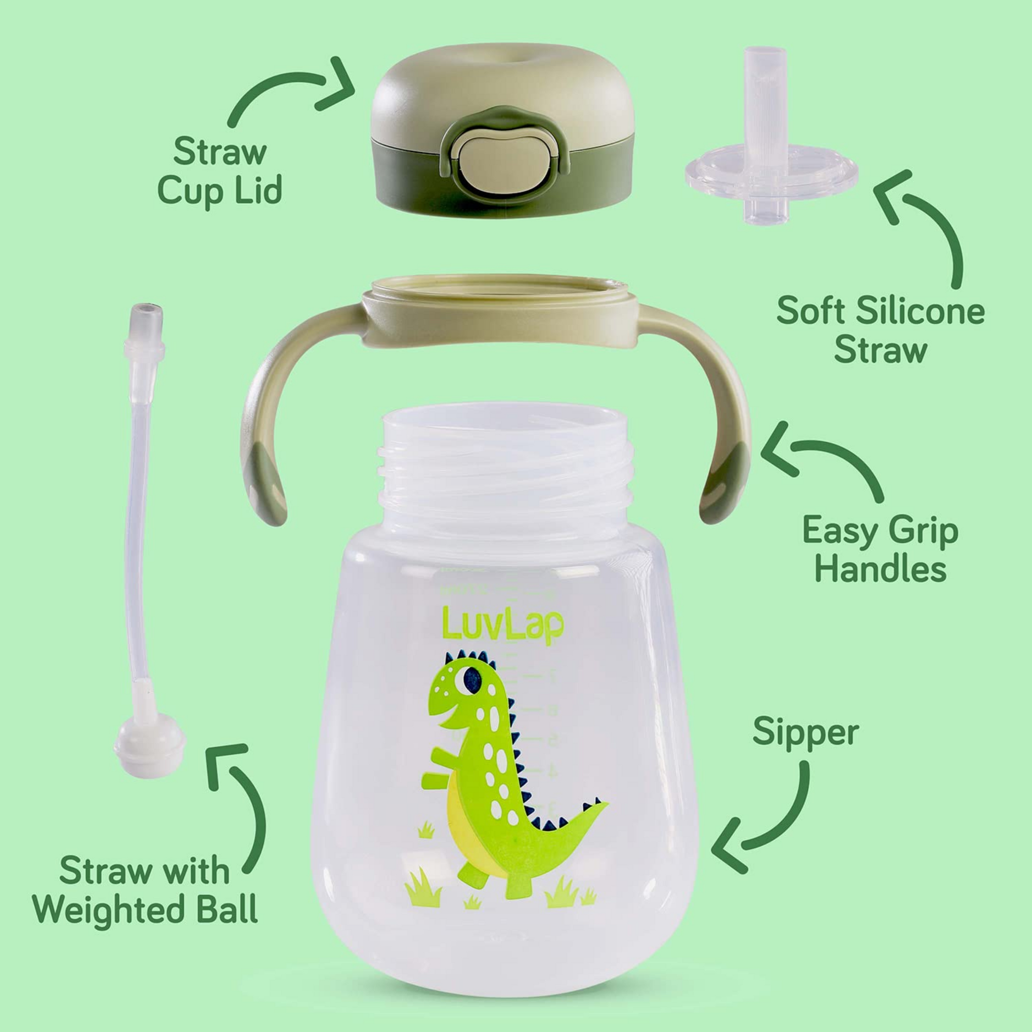 LuvLap Baby Bite Resistant Soft Silicone Straw Sipper Cup with Handle, with Weighted Straw, Sippy Cup with Anti Spill Lock, BPA Free, 6m+, 300 ml, Green