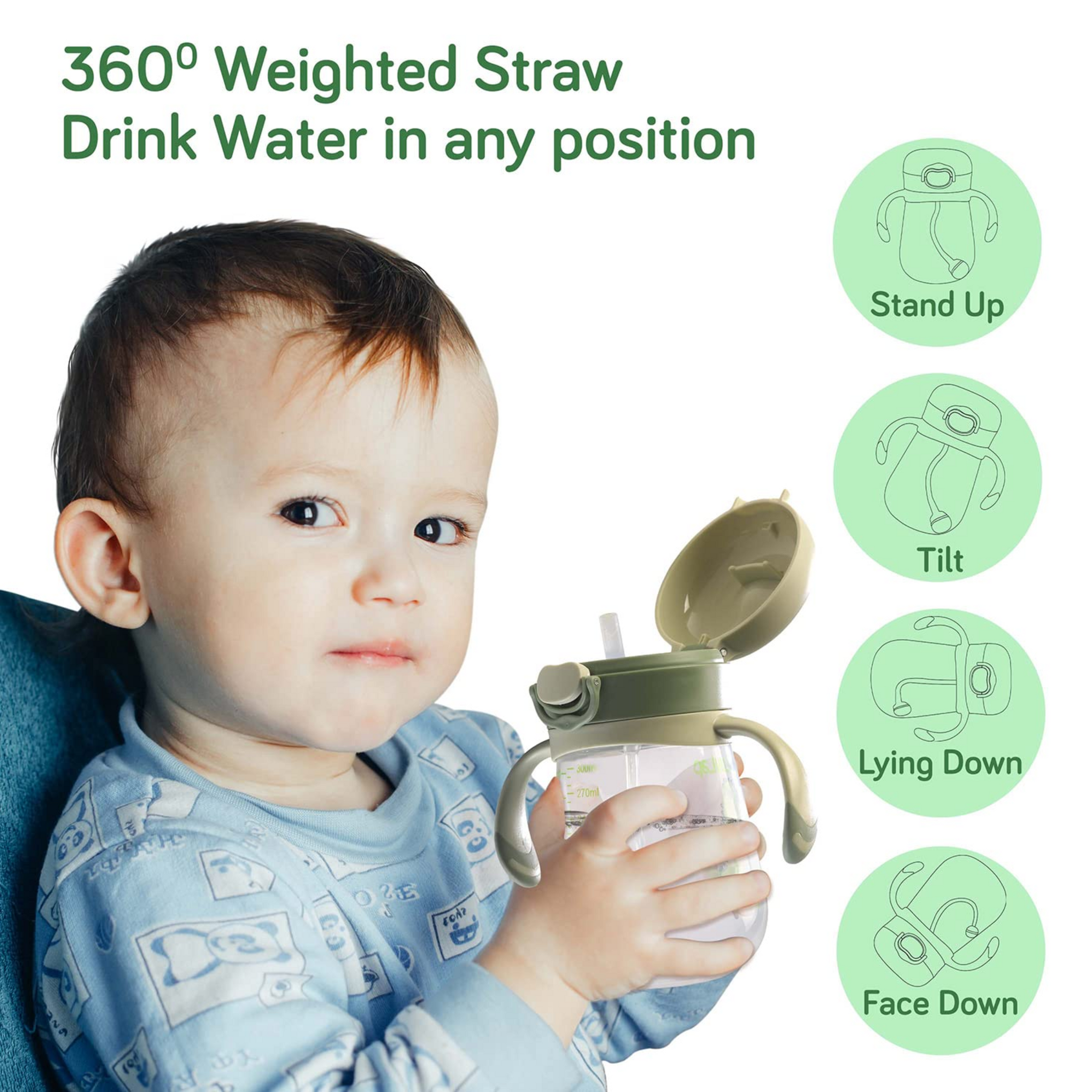 LuvLap Baby Bite Resistant Soft Silicone Straw Sipper Cup with Handle, with Weighted Straw, Sippy Cup with Anti Spill Lock, BPA Free, 6m+, 300 ml, Green