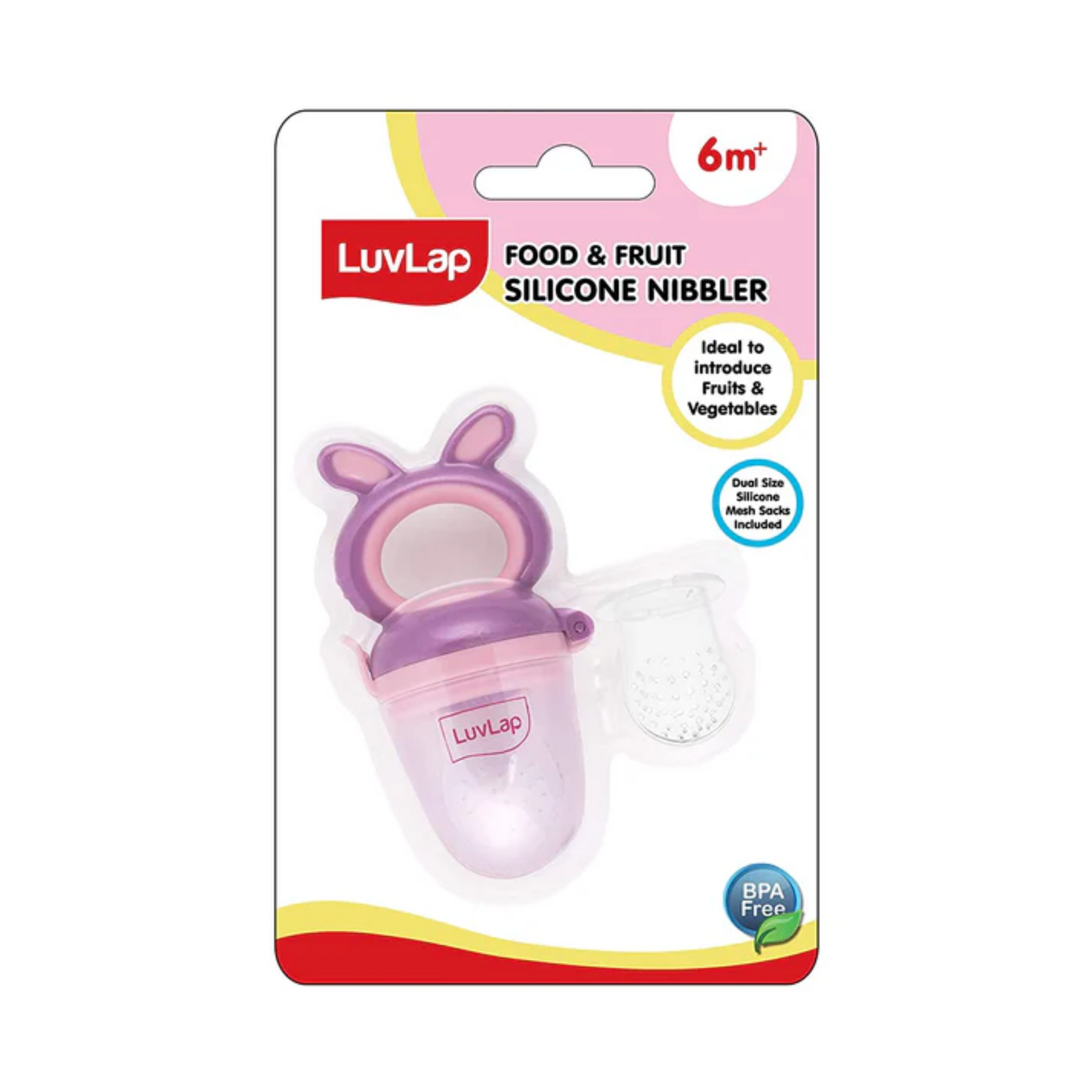 LuvLap Silicone Food/Fruit Nibbler with Extra Mesh, Soft Pacifier/Feeder, Teether for Baby, Infant, Bunny Violet & Pink