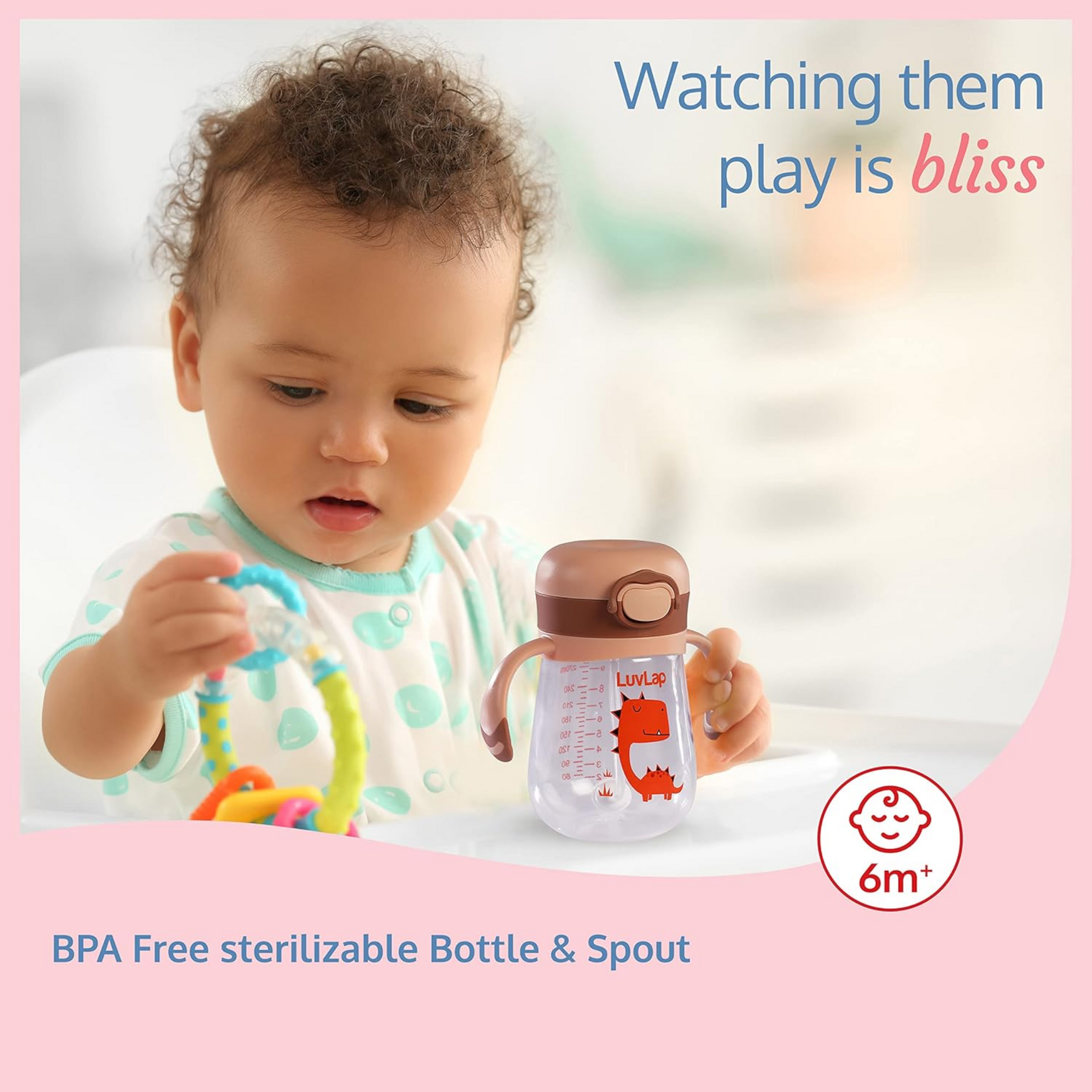 LuvLap Baby Bite Resistant Soft Silicone Straw Sipper Cup with Handle, with Weighted Straw, Sippy Cup with Anti Spill Lock, BPA Free, 6m+, 300 ml, Pink