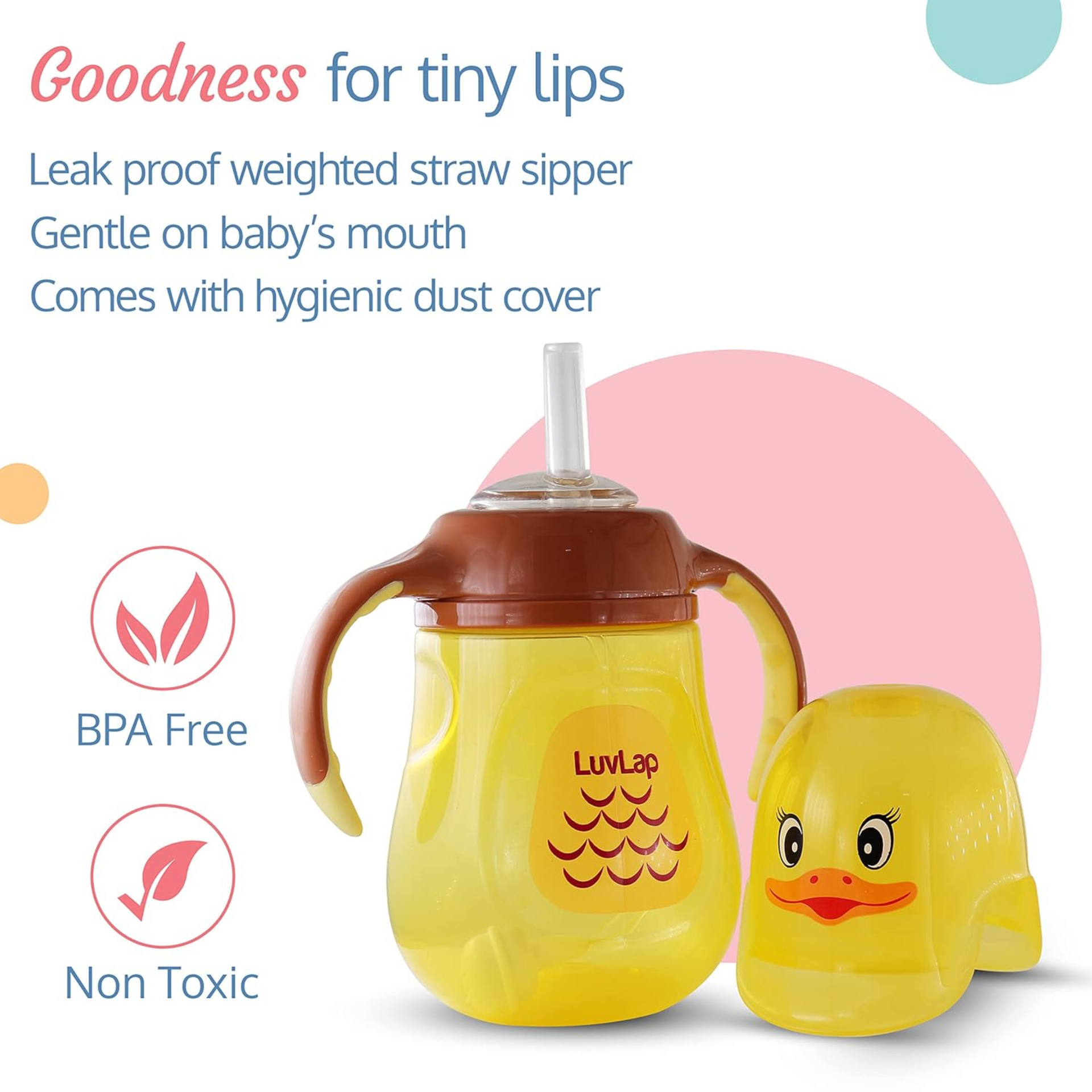 LuvLap Naughty Duck Sipper for Infant/Toddler 280ml, Anti-Spill Sippy Cup with Soft Silicone Straw BPA Free, 12m+ (Yellow)
