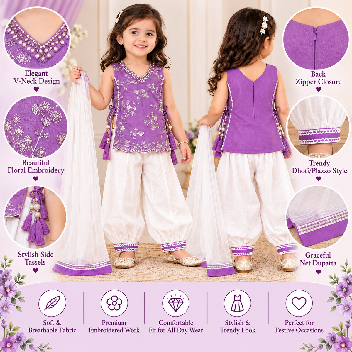 SMILE BABY purple embroidered girls ethnic outfit feature collage
