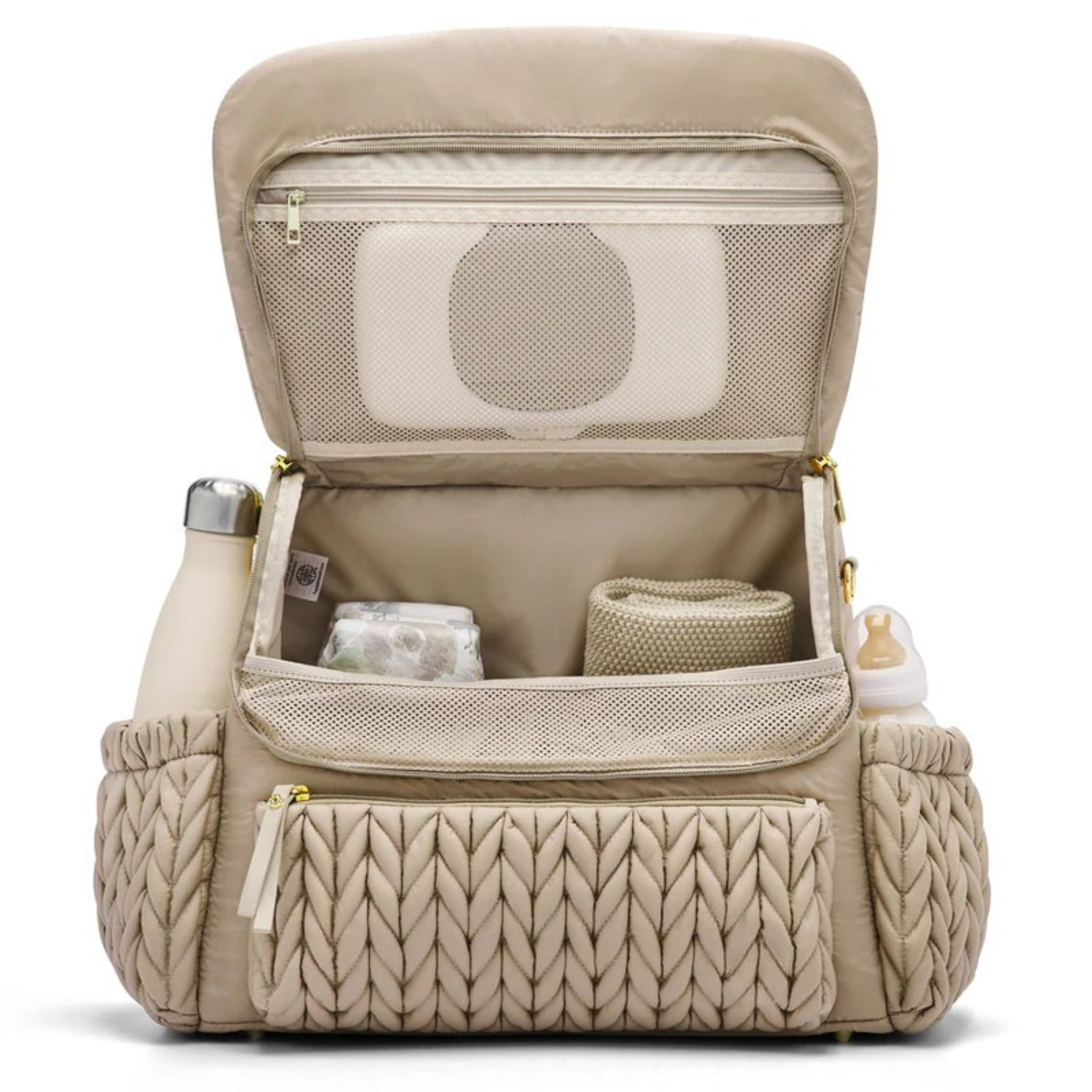 Luxe Quilted Diaper Backpack – Large Capacity Baby Bag with Insulated Pockets & Multi-Compartment Storage (Beige)