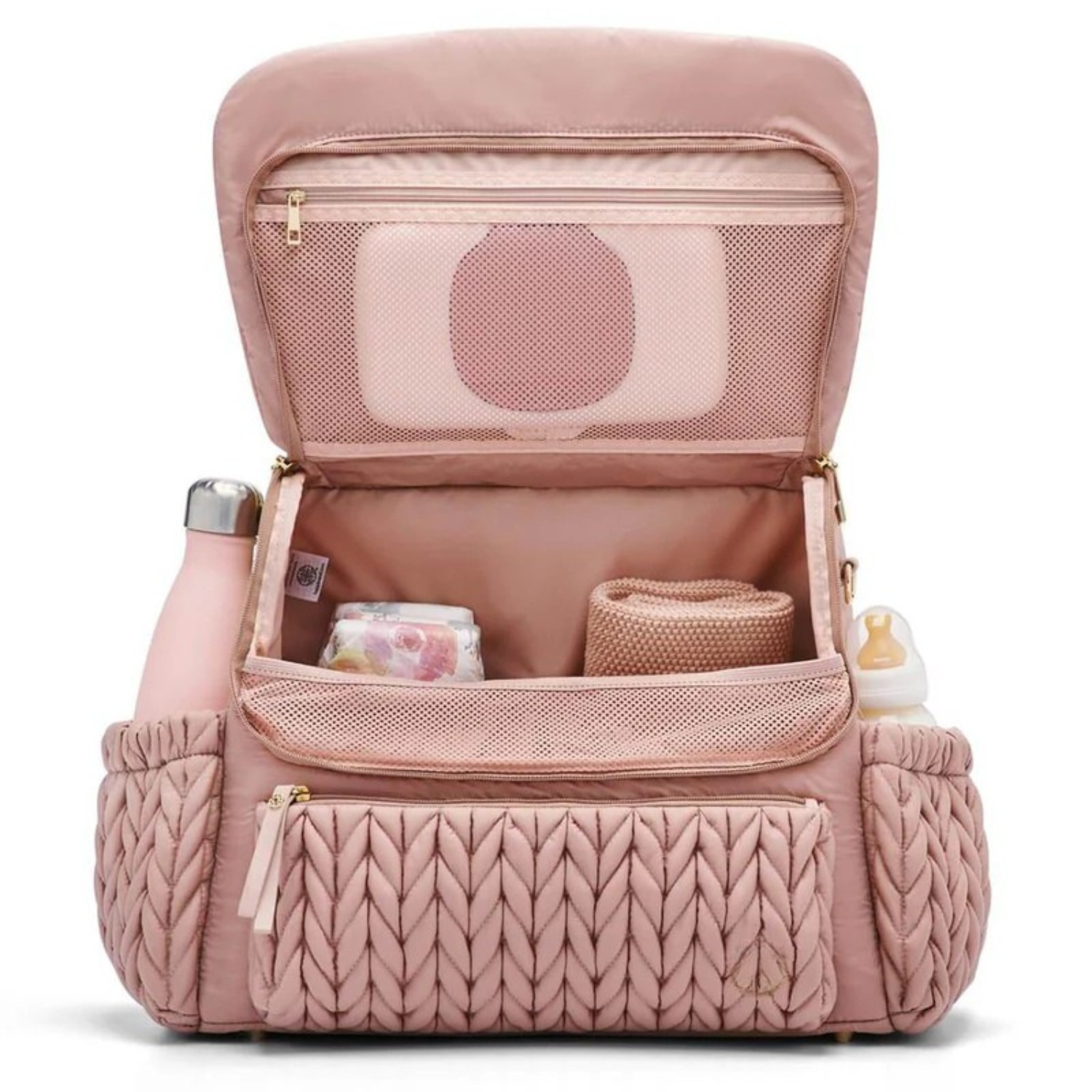 Luxe Quilted Diaper Backpack – Large Capacity Baby Bag with Insulated Pockets & Multi-Compartment Storage (Dusty Rose)
