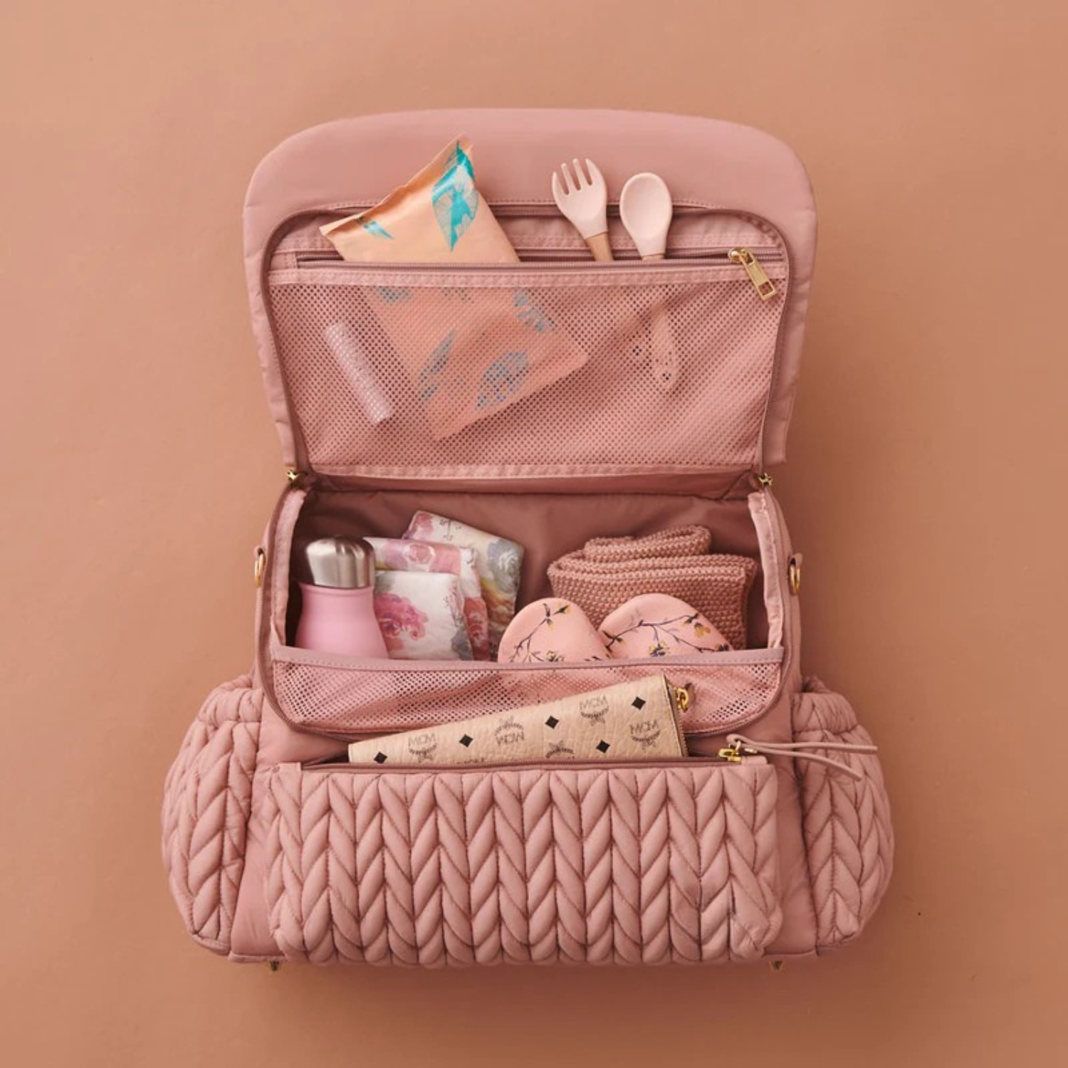 Luxe Quilted Diaper Backpack – Large Capacity Baby Bag with Insulated Pockets & Multi-Compartment Storage (Dusty Rose)