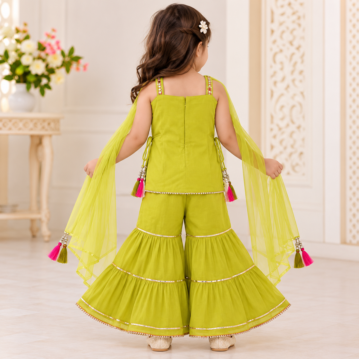 SMILE BABY green embroidered girls sharara set back view