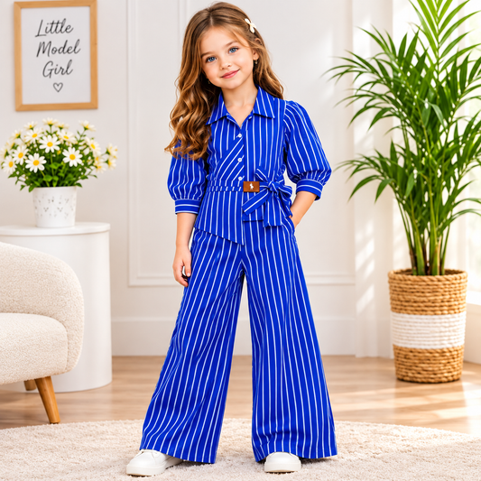 SMILE BABY Girls Striped Co-Ord Set – Royal Blue, Olive Green & Rani Magenta 