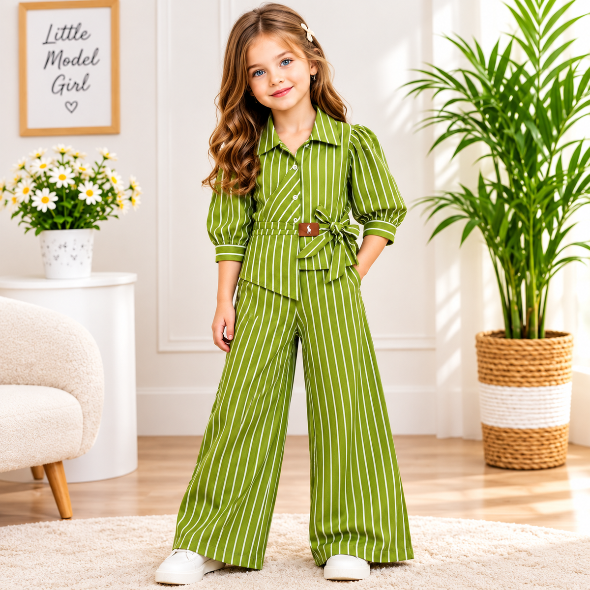 SMILE BABY Girls Striped Co-Ord Set – Royal Blue, Olive Green & Rani Magenta 