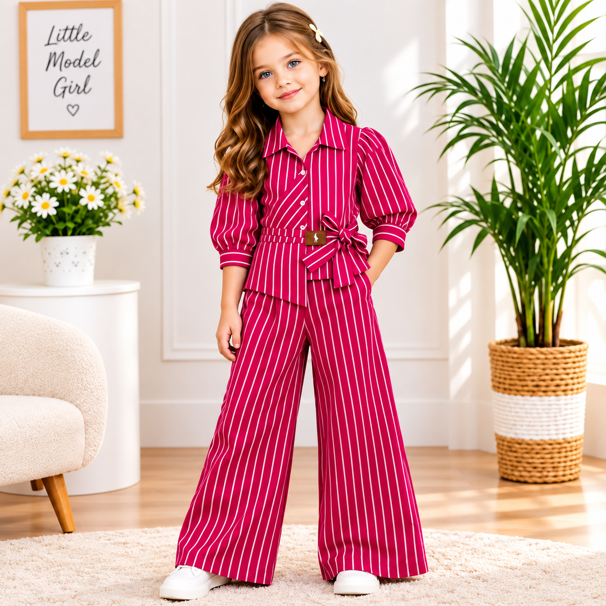 SMILE BABY Girls Striped Co-Ord Set – Royal Blue, Olive Green & Rani Magenta 