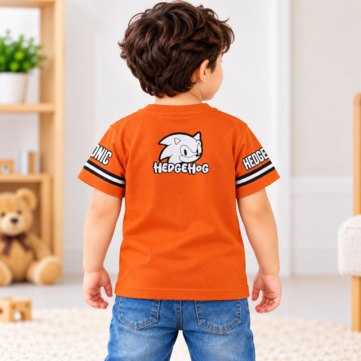 Smile Baby rust orange boys Sonic T-shirt back view with hedgehog graphic