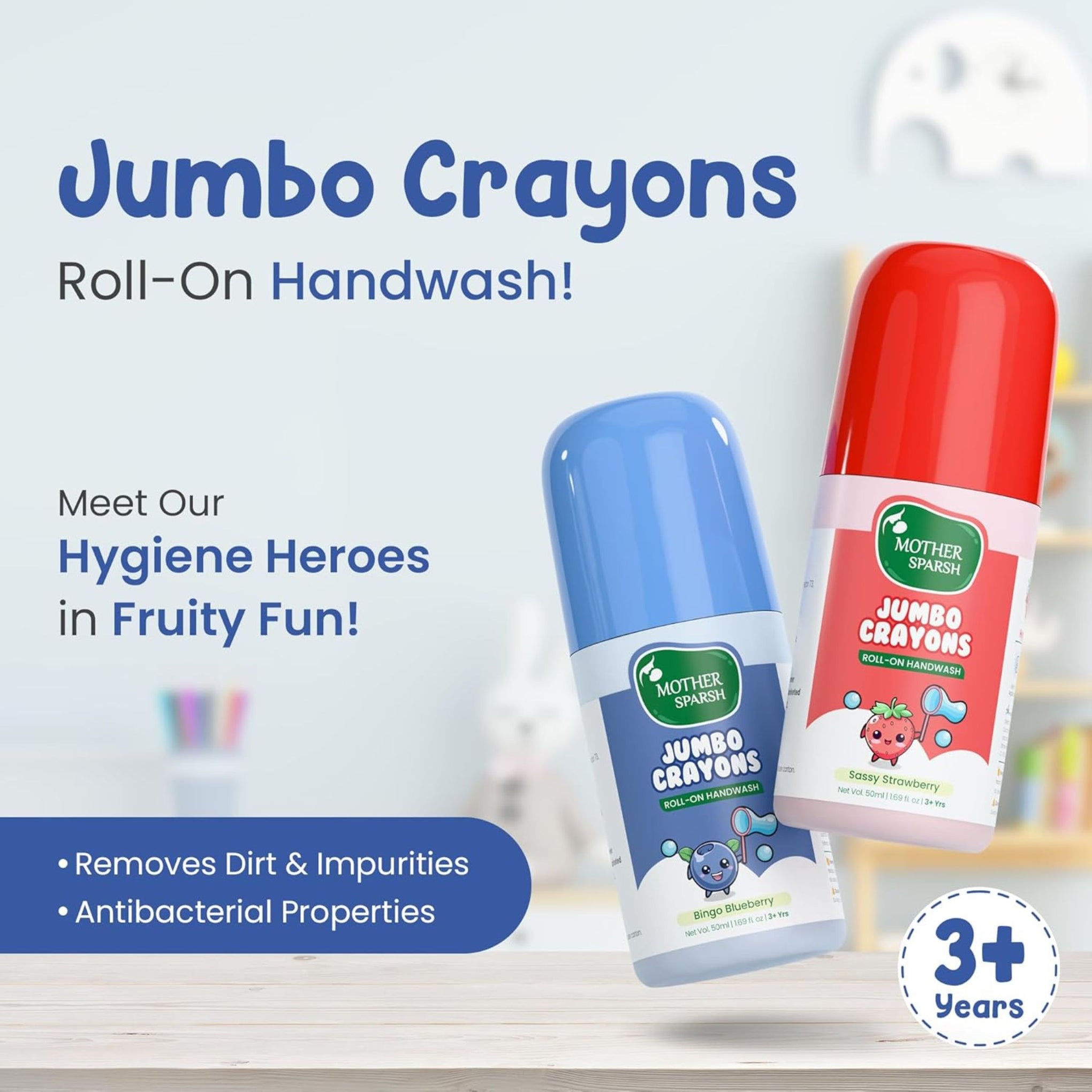 Mother Sparsh Jumbo Crayon Roll-On Kids Handwash | Strawberry & Blueberry Scented | Non-Toxic Hand Wash for Kids & Babies, Paraben Free, SLS Free, Alcohol Free | Colourful Soap Pen